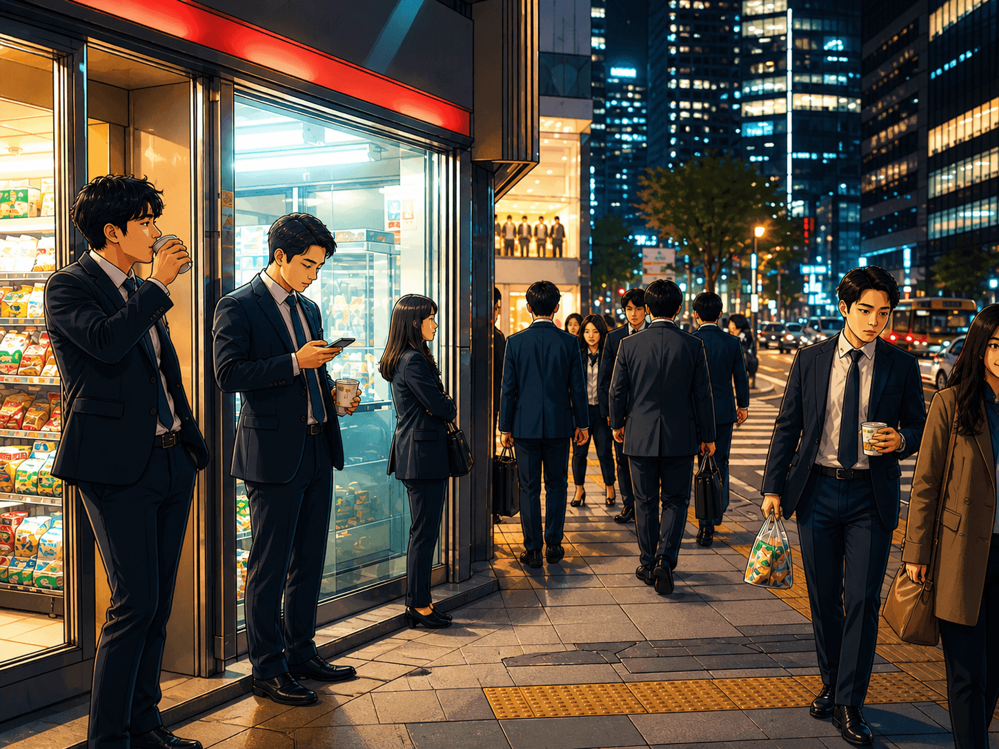 야근 후 강남역 편의점 앞에서 디저트와 커피를 사는 직장인들의 야경