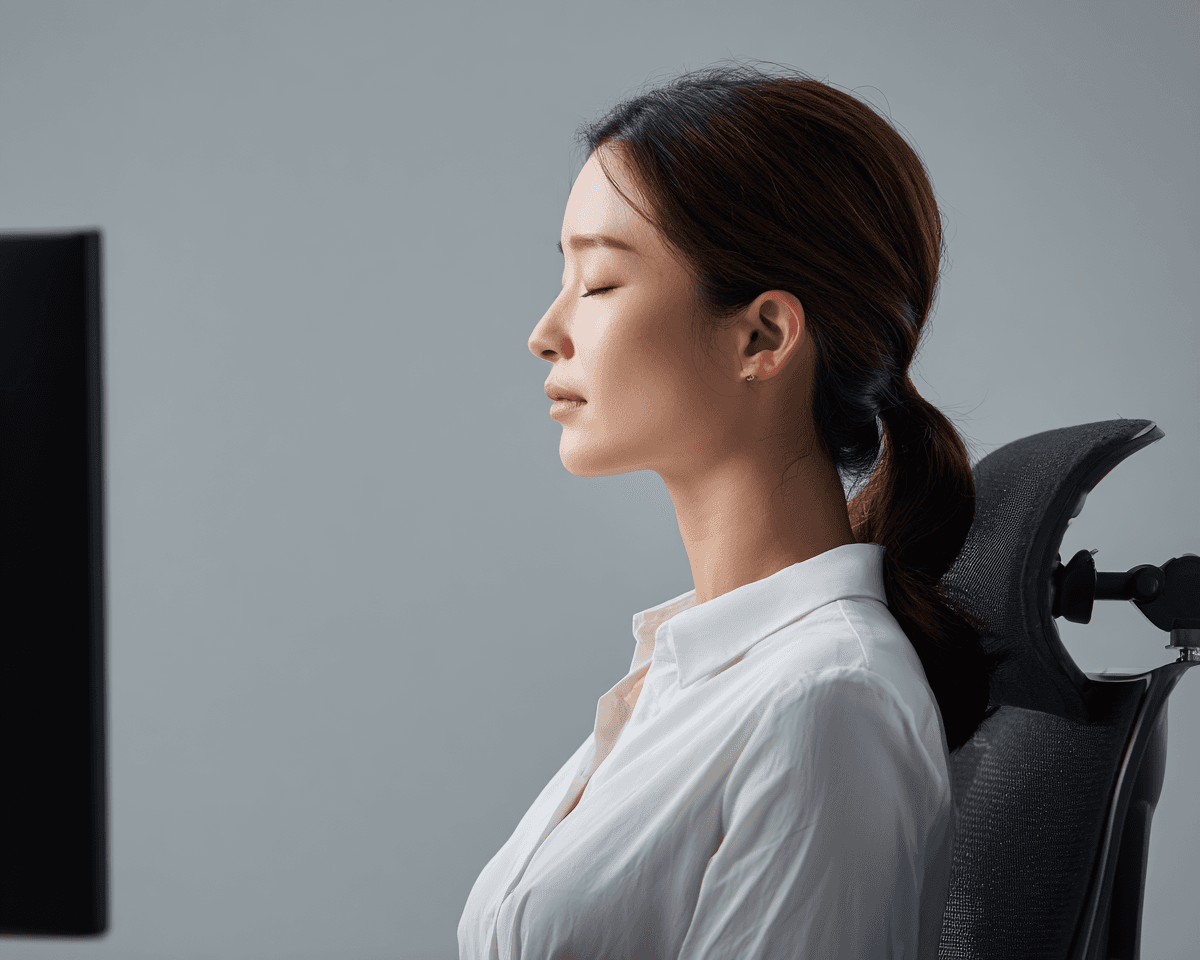 사무실 의자에 앉아 눈을 감고 목을 편안히 기댄 여성 직장인 측면 모습