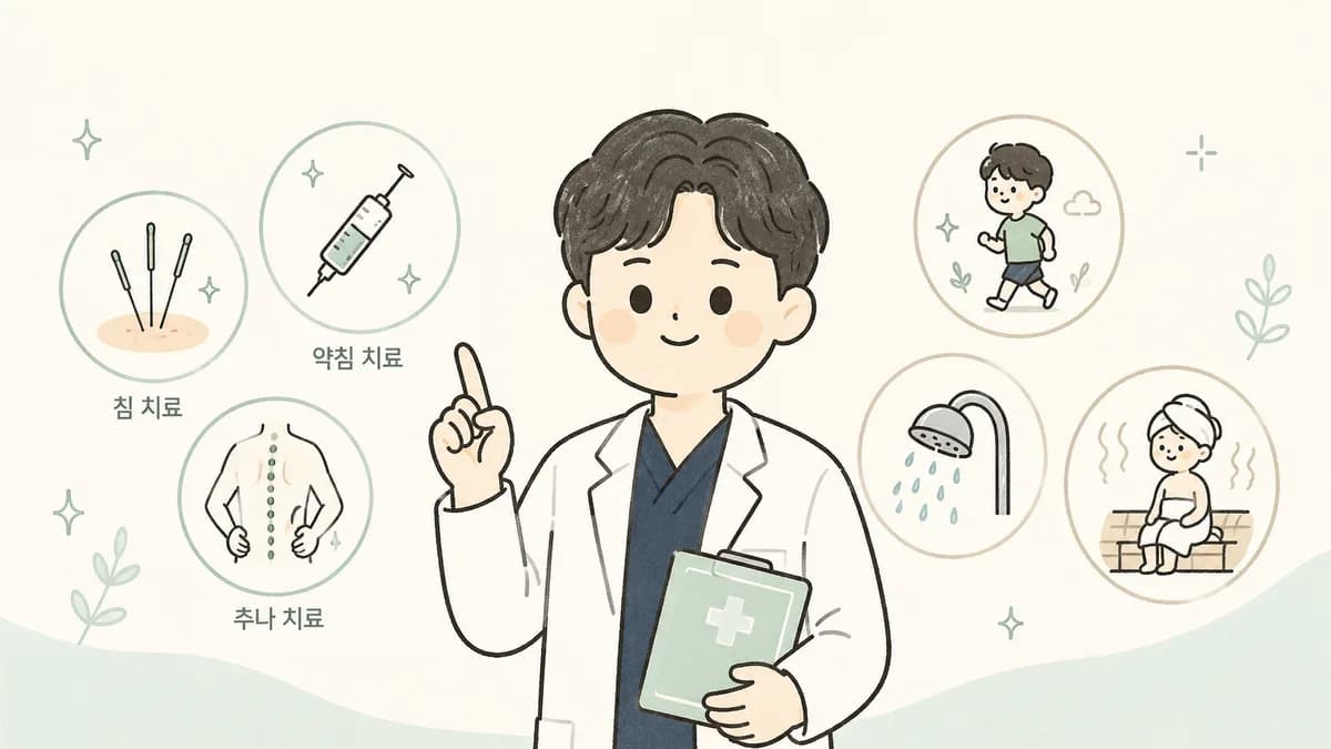 한의사가 침 치료·약침 치료·추나 치료 아이콘과 걷기·샤워·사우나 아이콘 사이에서 활동 재개 시점을 안내하는 일러스트