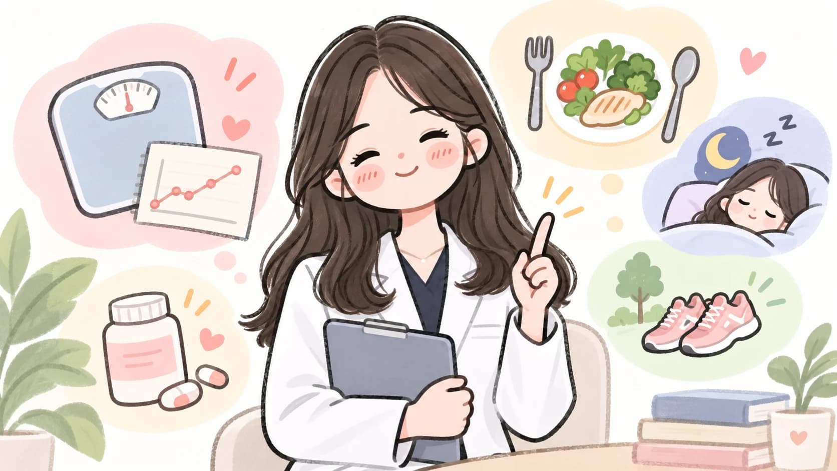 체중계와 식사·수면·운동·복용약 항목을 함께 점검하는 한의사 일러스트