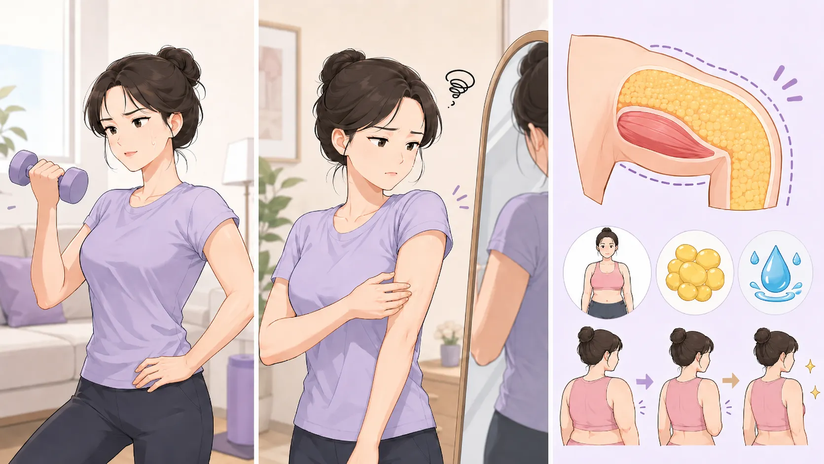 덤벨로 팔 운동을 하는 여성, 거울 앞에서 팔뚝 라인을 살피는 여성, 팔뚝 피하지방·삼두근 단면과 영향 요인을 보여주는 인포그래픽으로 구성된 3컷 일러스트