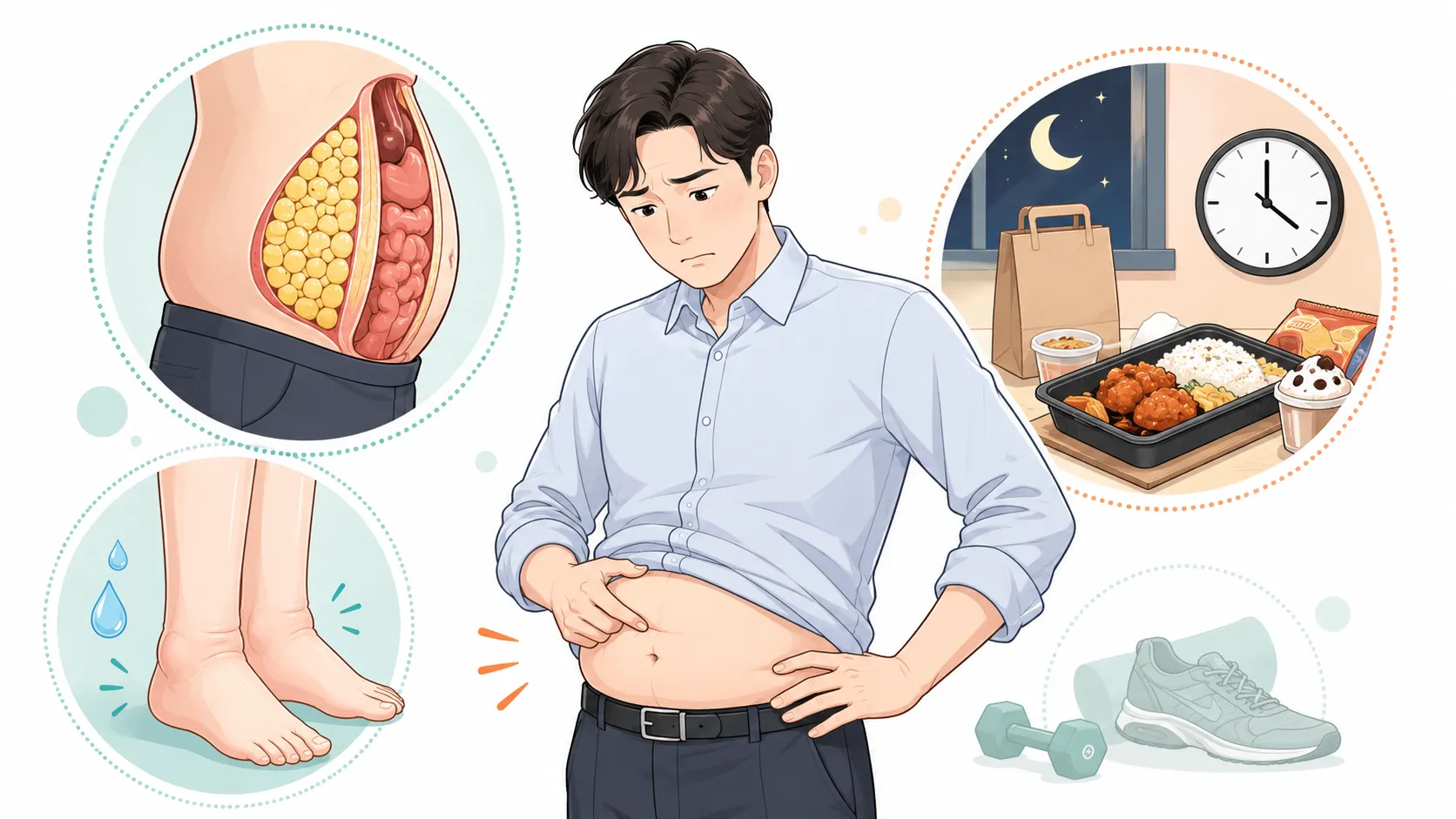 복부를 살펴보는 직장인 주위에 내장지방 단면·부종 발·심야 식사 시계·운동기구가 배치된 일러스트 — 뱃살 원인 구분