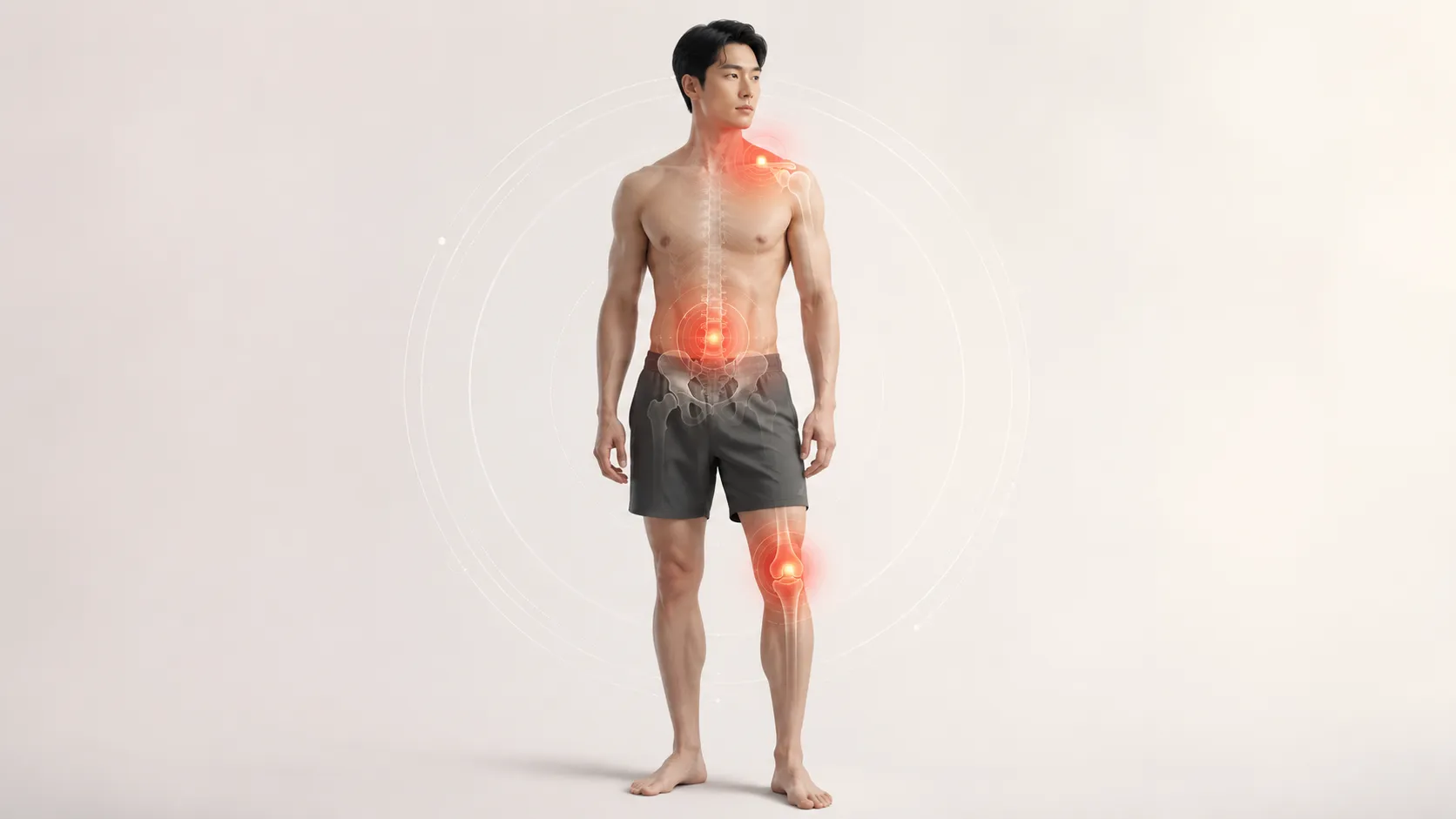 남성의 전신 일러스트에 어깨·허리·무릎 통증 부위가 붉게 표시되고 골격이 비치는 부위별 통증 감별 이미지