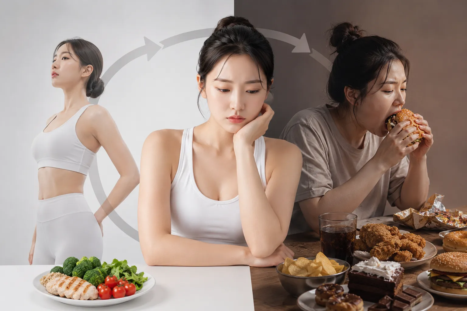 바디프로필 후 요요 사이클을 보여주는 일러스트 — 절식·체중 감량 상태에서 폭식으로 이어지는 식욕 반동 흐름