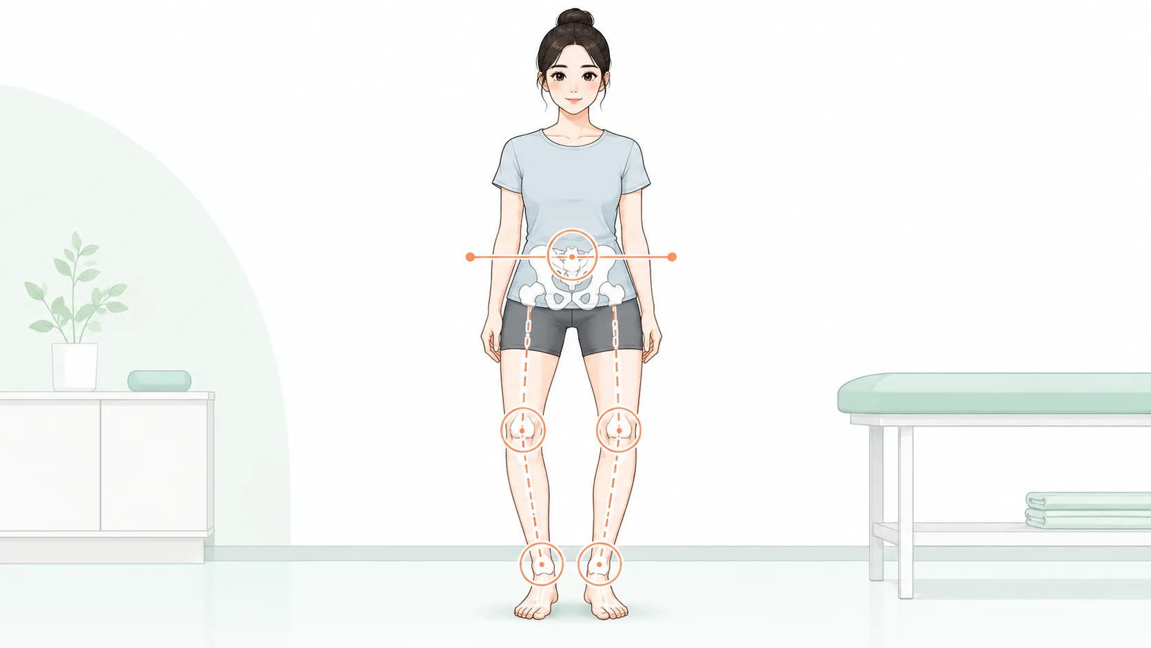 정면을 보고 선 여성의 다리에 골반·고관절·무릎·발목 정렬선이 표시된 일러스트 — 오다리(내반슬) 하지 전체 정렬 평가