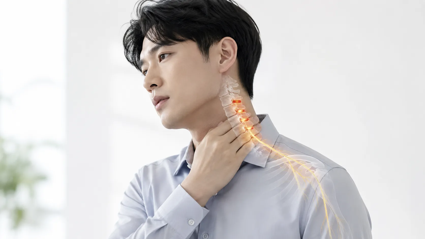 모니터 앞에서 목을 감싸 쥔 사무직 직장인 — 목디스크 운동 전 위험 신호 확인이 먼저임을 보여주는 일러스트