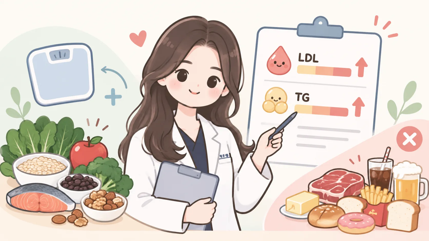 흰 가운을 입은 한의사가 LDL과 중성지방 항목이 올라간 검사 결과지를 펜으로 가리키는 일러스트. 왼쪽에는 체중계와 생선·견과류·콩·채소·귀리가, 오른쪽에는 붉은 고기·버터·튀김·빵·단 음료와 술이 놓여 있다
