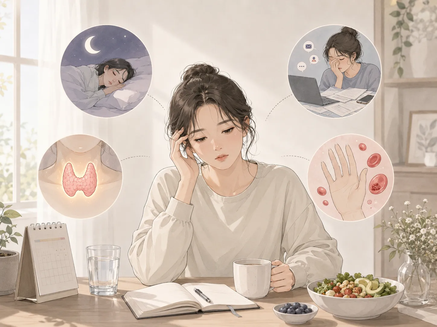 만성 피로 4가지 원인 감별 일러스트 — 피곤한 여성 주위로 수면 부족·번아웃·갑상선 기능 저하·철 결핍 빈혈 네 가지 원인이 원형으로 배치