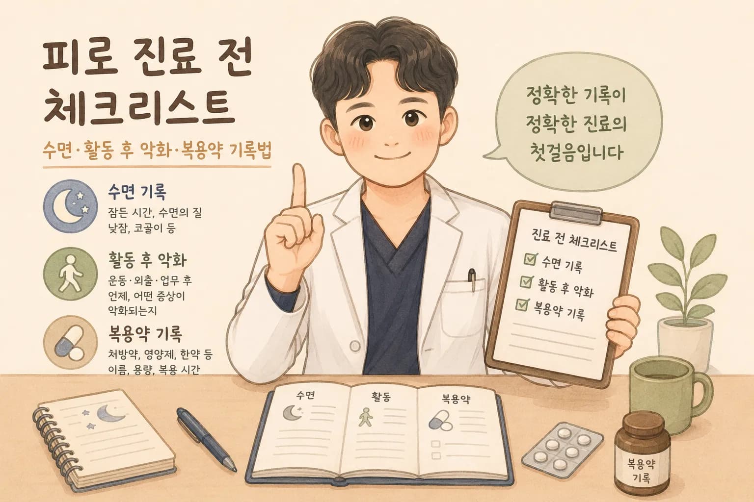 피로 진료 전 체크리스트 일러스트 — 한의사가 수면 기록·활동 후 악화·복용약 기록 세 항목이 적힌 진료 전 체크리스트를 들고 설명하는 장면