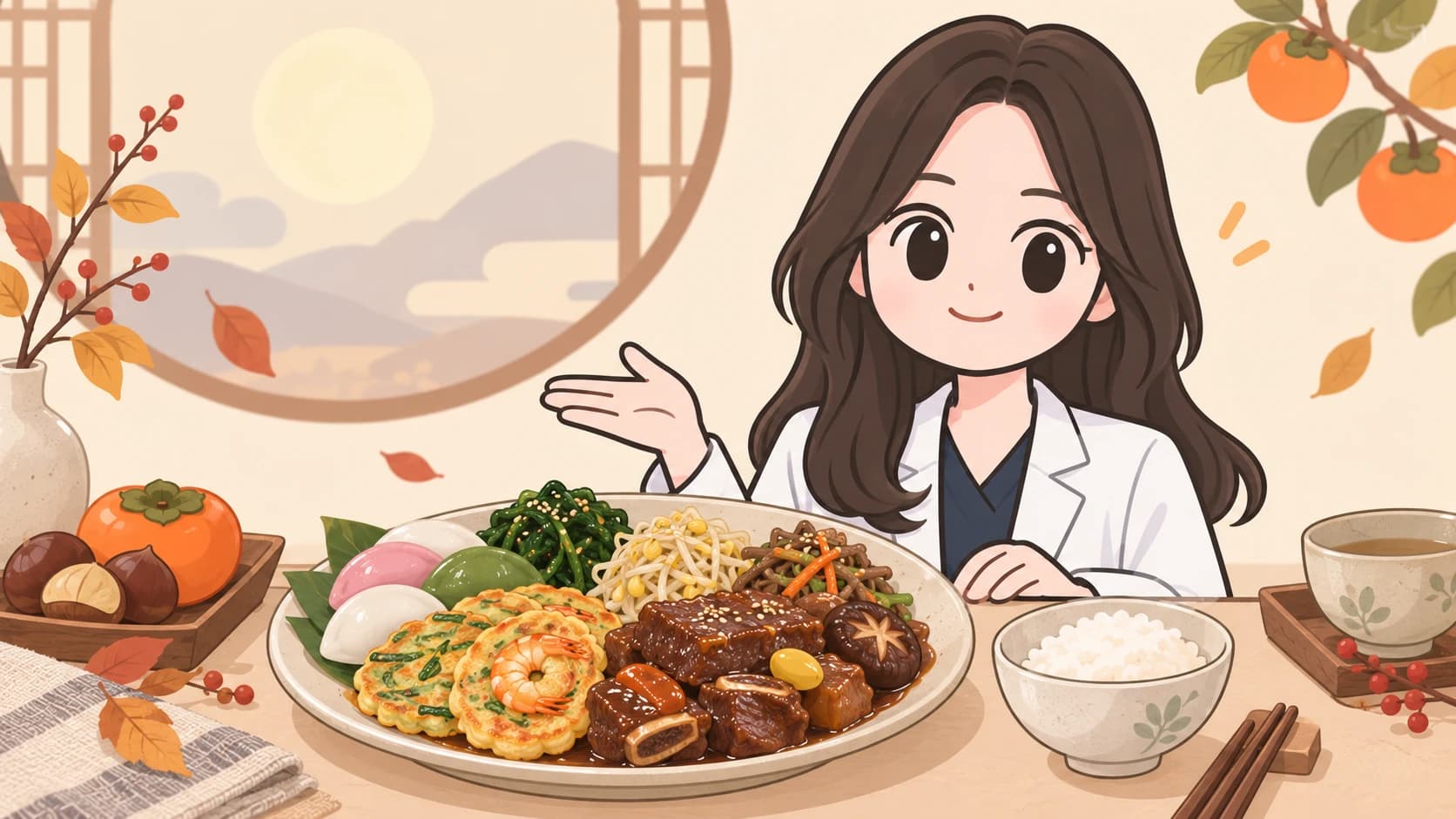 송편·전·갈비찜·나물을 한 접시에 담은 추석 상차림과 이를 설명하는 가운 입은 의료진 일러스트