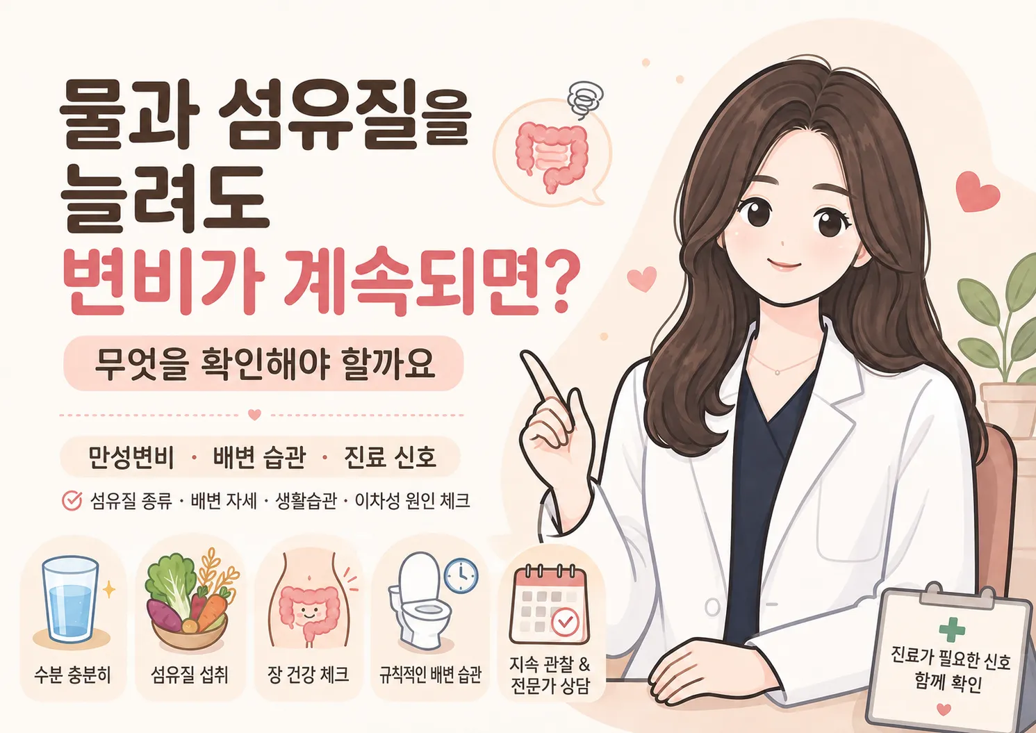 물과 섬유질을 늘려도 계속되는 만성 변비에서 확인할 항목을 안내하는 한의사 일러스트 — 배변 습관 점검과 진료가 필요한 신호