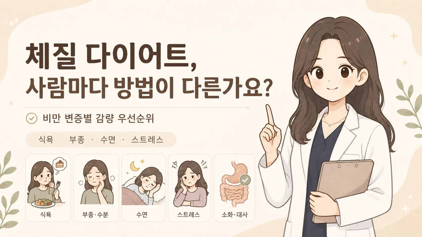 체질 다이어트에서 감량을 막는 요인을 식욕·부종·수분·수면·스트레스·소화 대사로 나눠 보여주는 일러스트 — 흰 가운을 입은 한의사가 클립보드를 들고 안내하는 모습