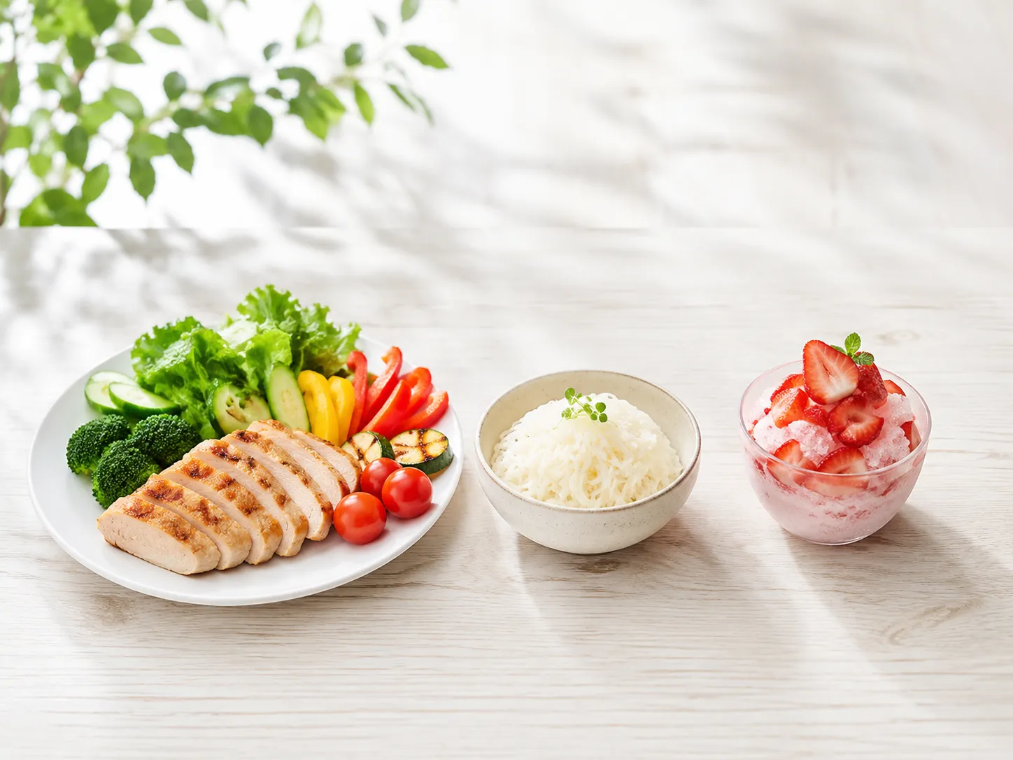 다이어트 중 빙수·아이스크림 섭취 순서를 설명하는 사진 — 구운 닭가슴살·채소 접시, 흰쌀밥, 딸기빙수가 채소·단백질, 탄수화물, 디저트 순서로 놓여 있다