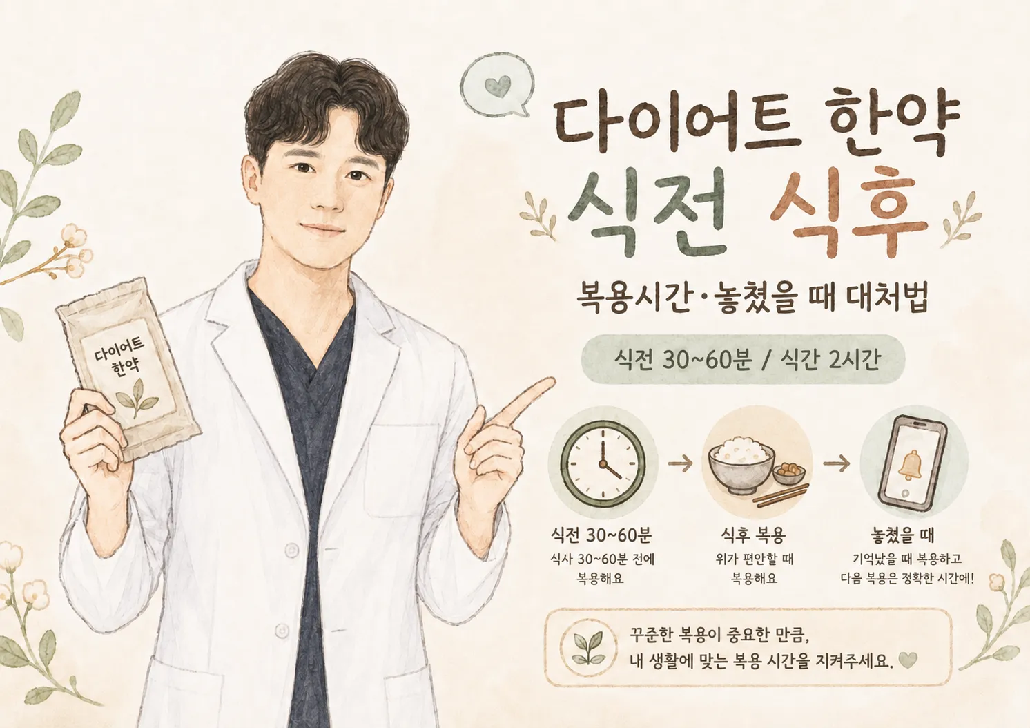 다이어트 한약 복용시간을 안내하는 일러스트 — 흰 가운을 입은 한의사가 다이어트 한약 파우치를 들고, 식전 30~60분·식간 약 2시간·놓쳤을 때 대처를 시계·식후·스마트폰 아이콘으로 정리