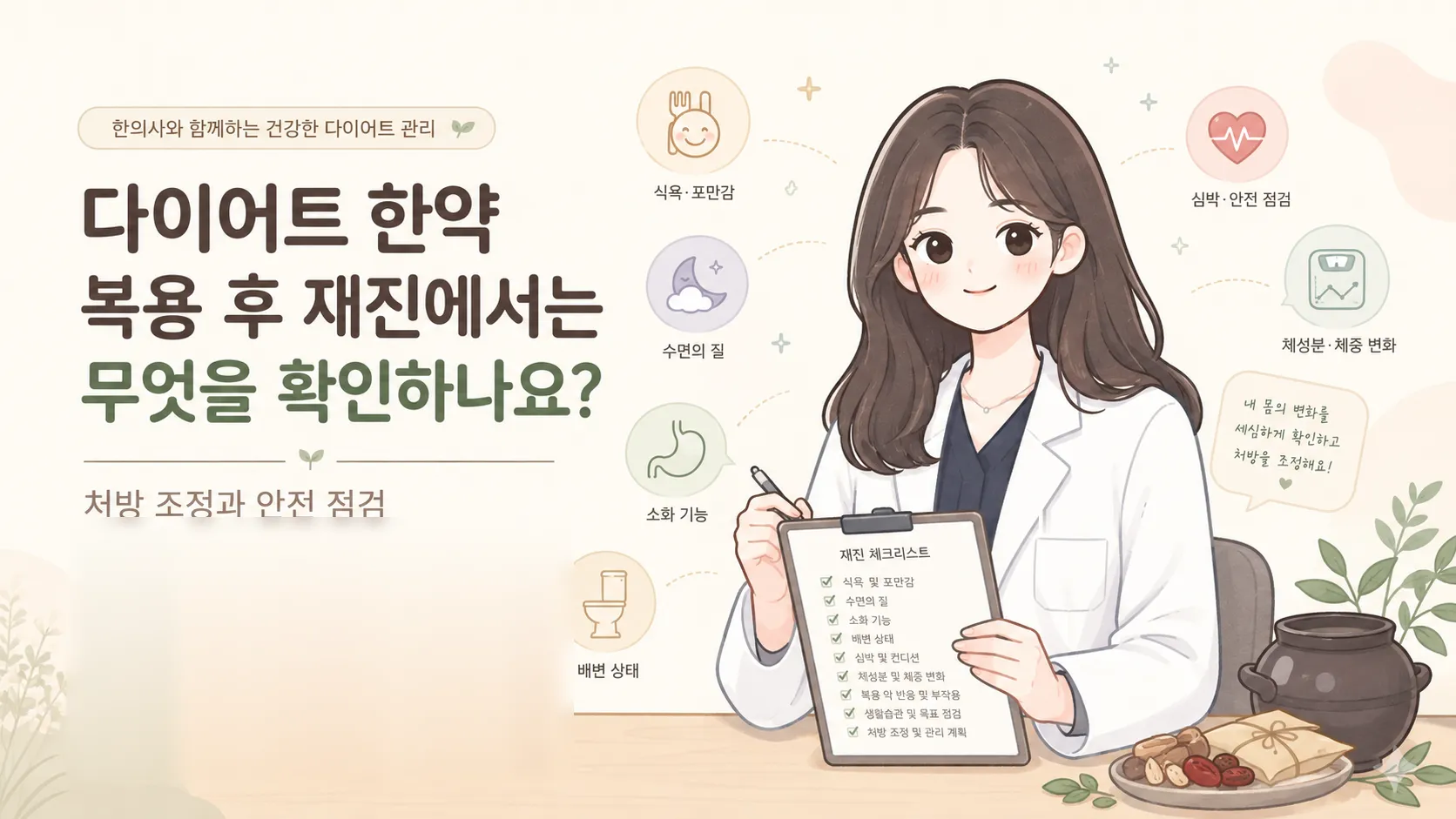 다이어트 한약 재진에서 확인하는 항목을 안내하는 일러스트 — 한의사가 식욕·포만감, 수면의 질, 소화 기능, 배변 상태, 심박·안전 점검, 체성분·체중 변화가 적힌 재진 체크리스트를 들고 있다
