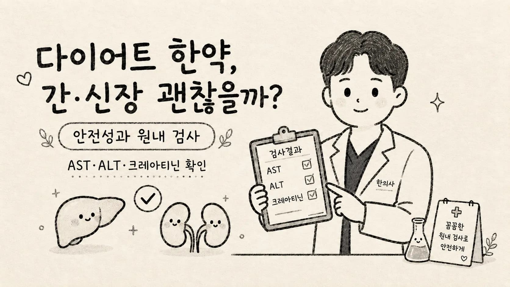 다이어트 한약의 간·신장 안전성을 안내하는 일러스트 — 흰 가운을 입은 한의사가 AST·ALT·크레아티닌 검사 결과지를 들고 있고, 웃는 간·신장 캐릭터와 원내 검사 안내 표지판