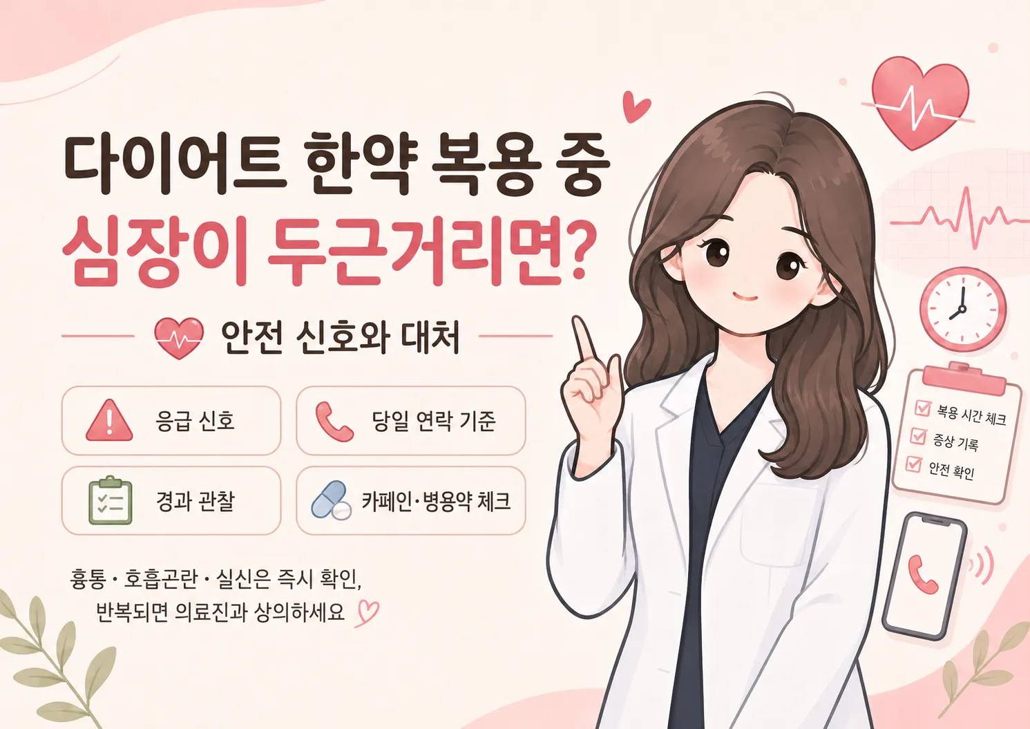 다이어트 한약 복용 중 나타나는 두근거림의 안전 신호와 대처를 안내하는 일러스트 — 한의사가 응급 신호, 당일 연락 기준, 경과 관찰, 카페인·병용약 확인 네 항목과 함께 흉통·호흡곤란·실신은 즉시 확인하라는 안내를 보여준다