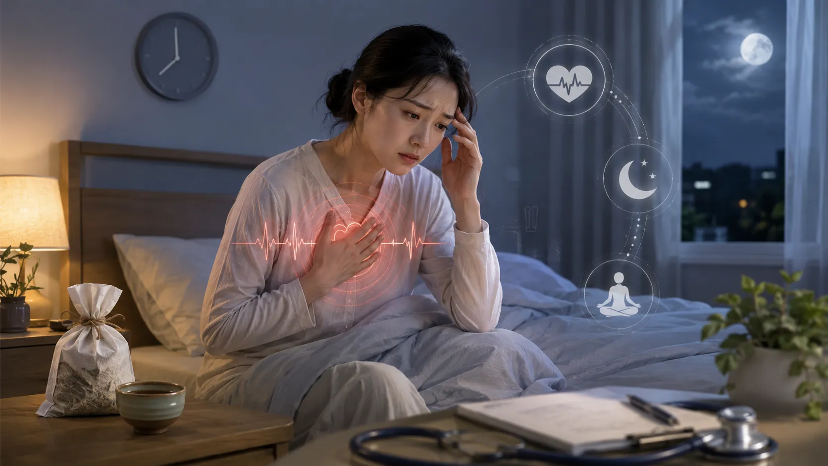 다이어트 한약 복용 후 밤에 가슴을 누르며 두근거림과 불면을 겪는 여성 의학 일러스트