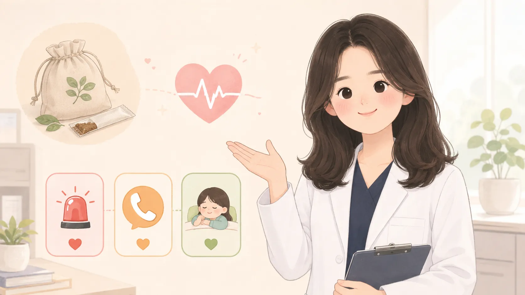 다이어트 한약 복용 중 두근거림 대처를 안내하는 일러스트 — 한의사가 한약 파우치와 심박 그래프, 응급(빨강 사이렌)·의료진 연락(주황 전화)·경과 관찰(초록 휴식) 3단계 대처 카드를 함께 보여준다