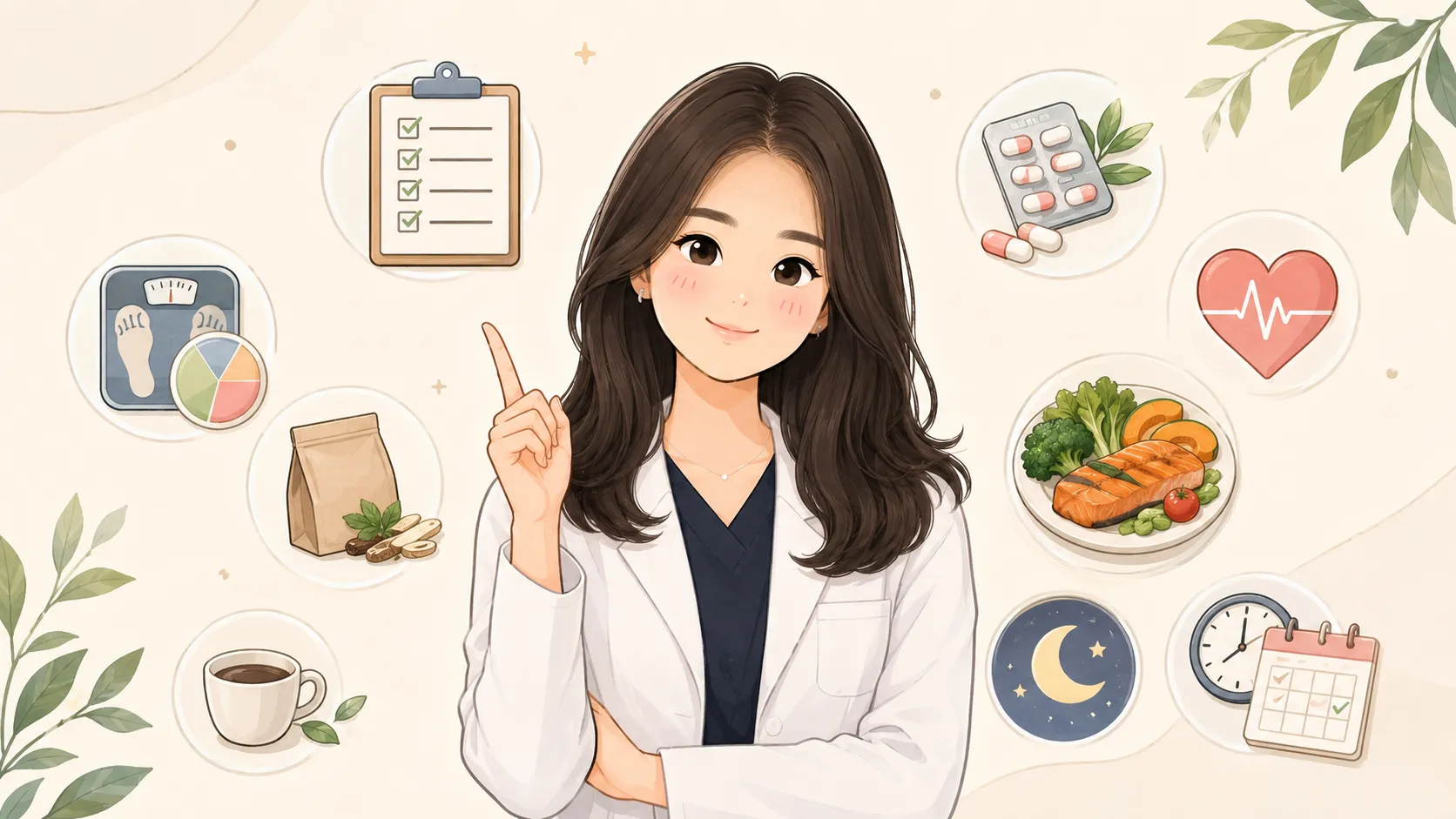 다이어트 한약 적합성 판단 항목을 안내하는 일러스트 — 한의사가 체크리스트·복용약·심장 박동·체성분 측정·한약재·커피·수면·식사 아이콘을 함께 보여준다