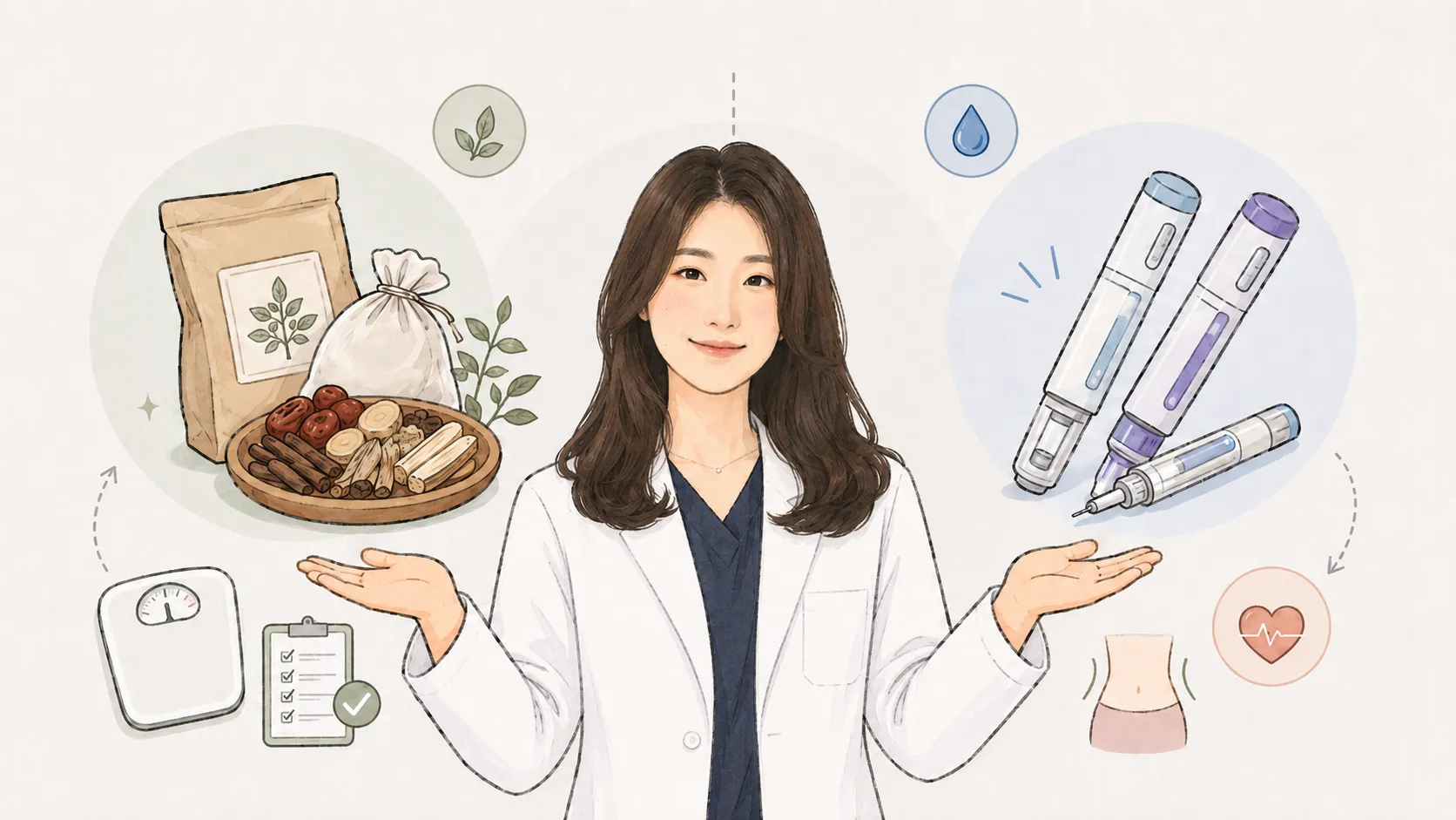 흰 배경 위에 다이어트 한약 첩약 포장, 위고비 주사펜, 마운자로 주사펜을 나란히 배치한 비교 정물 메디컬 일러스트 — 세 가지 비만 치료법의 출발점 차이