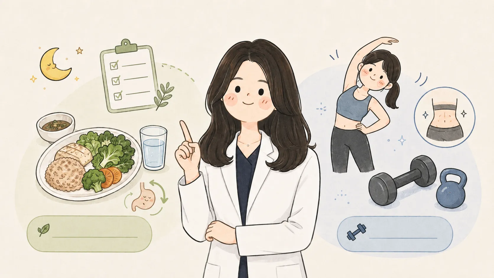 흰 가운을 입은 한의사를 가운데 두고 왼쪽에는 균형 잡힌 식사·수면·소화 관리 등 한의 다이어트 요소를, 오른쪽에는 스트레칭하는 여성과 덤벨·케틀벨 등 운동 요소를 배치해 식이 관리와 PT의 서로 다른 역할을 대비한 일러스트
