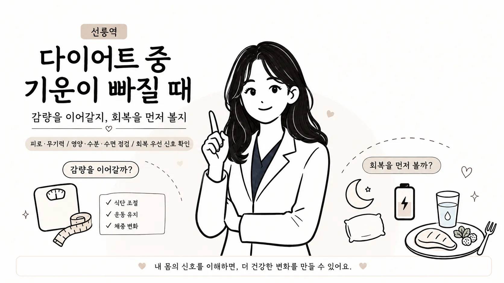 다이어트 중 기운이 빠질 때 감량을 이어갈지 회복을 먼저 볼지 안내하는 일러스트 — 흰 가운을 입은 한의사 옆으로 체중계·줄자·식단 체크리스트와 수면·배터리·물·단백질 식사 아이콘이 배치돼 있다