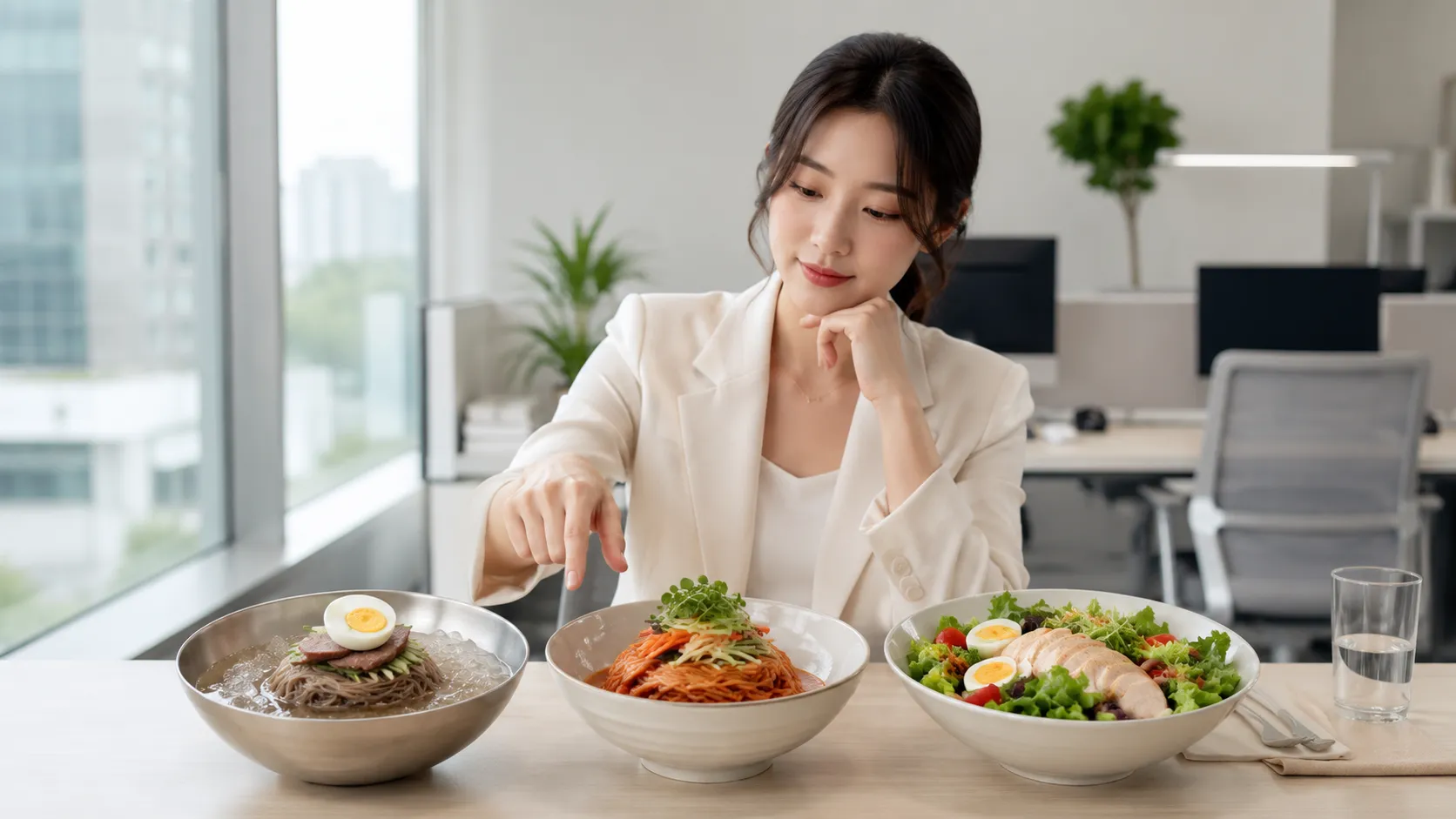 사무실에서 물냉면·비빔국수·닭가슴살 샐러드 세 그릇을 앞에 두고 점심 메뉴를 고민하는 직장인 여성