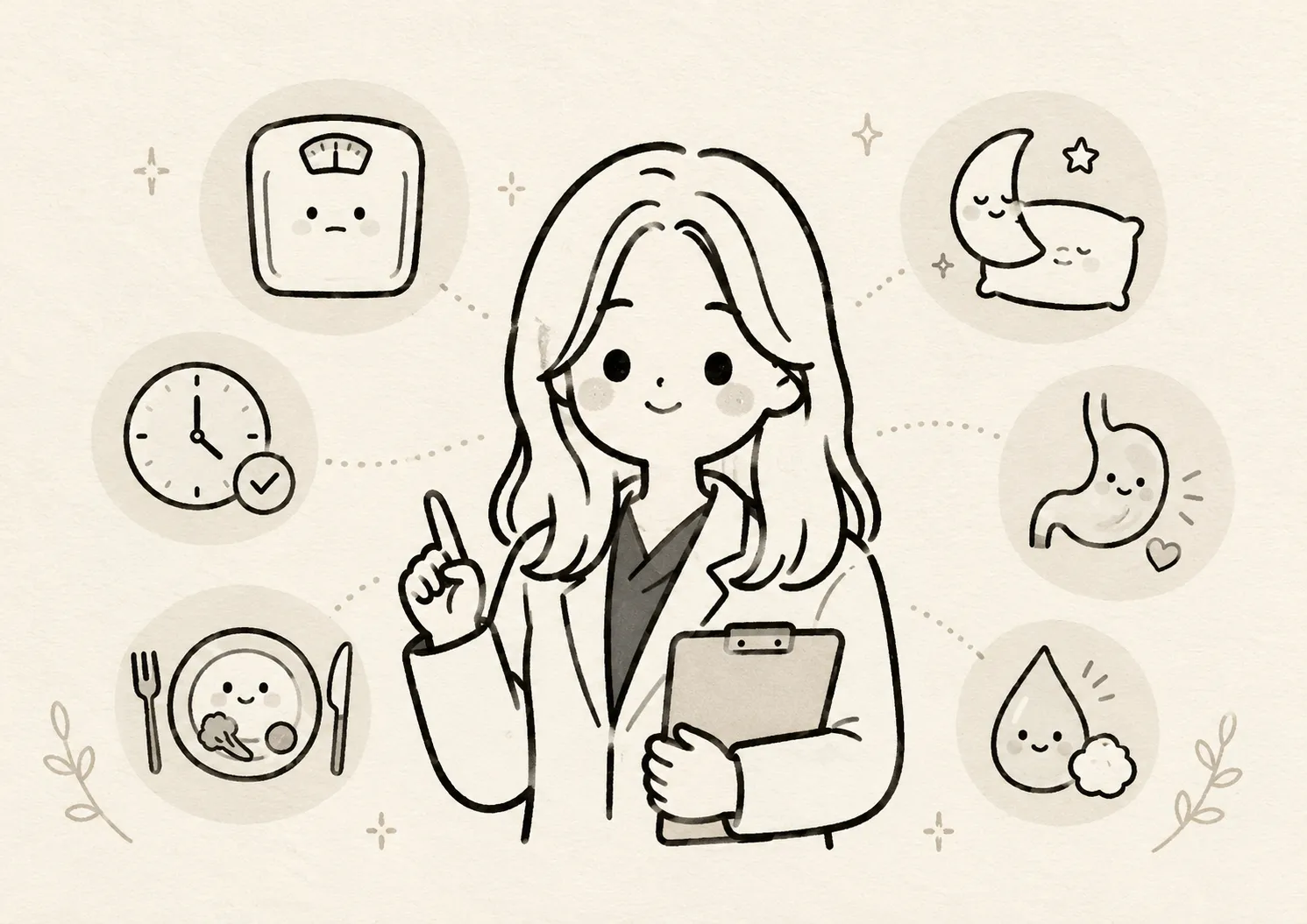 체중계·시계·식사·수면·소화·부종 여섯 아이콘에 둘러싸인 한의원 원장 일러스트 — 다이어트 정체기의 숨은 원인 유형 구분