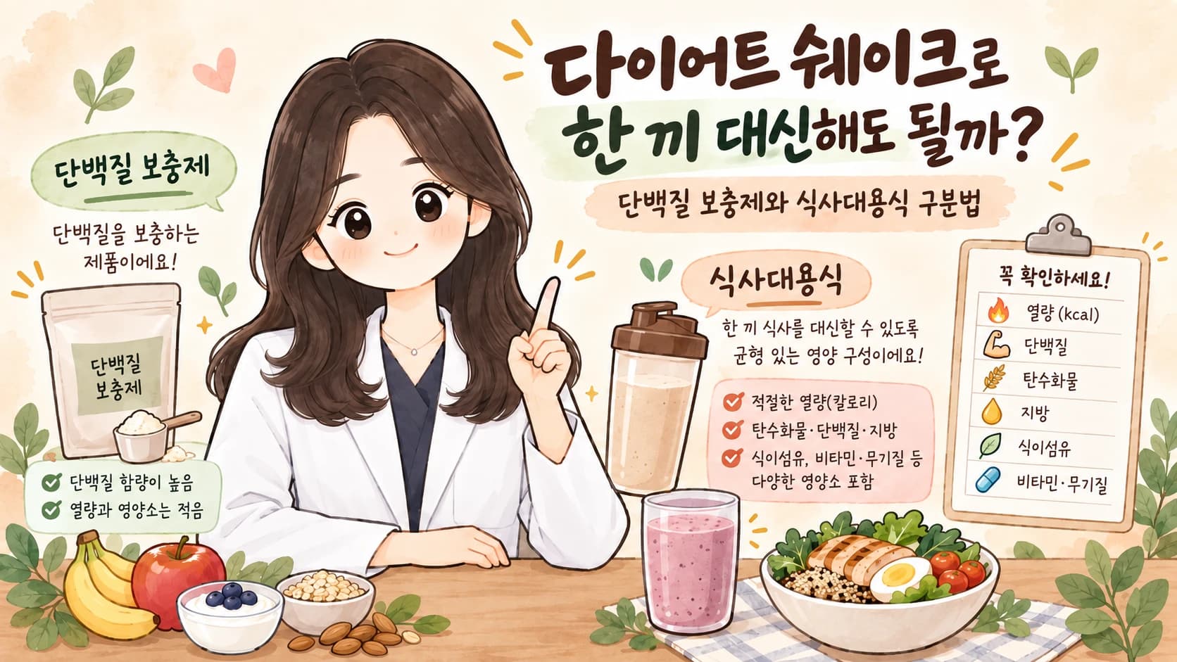 단백질 보충제와 식사대용식의 차이를 설명하는 가운 입은 의료진 일러스트와, 열량·단백질·탄수화물·지방·식이섬유·비타민 무기질을 확인하라는 체크리스트