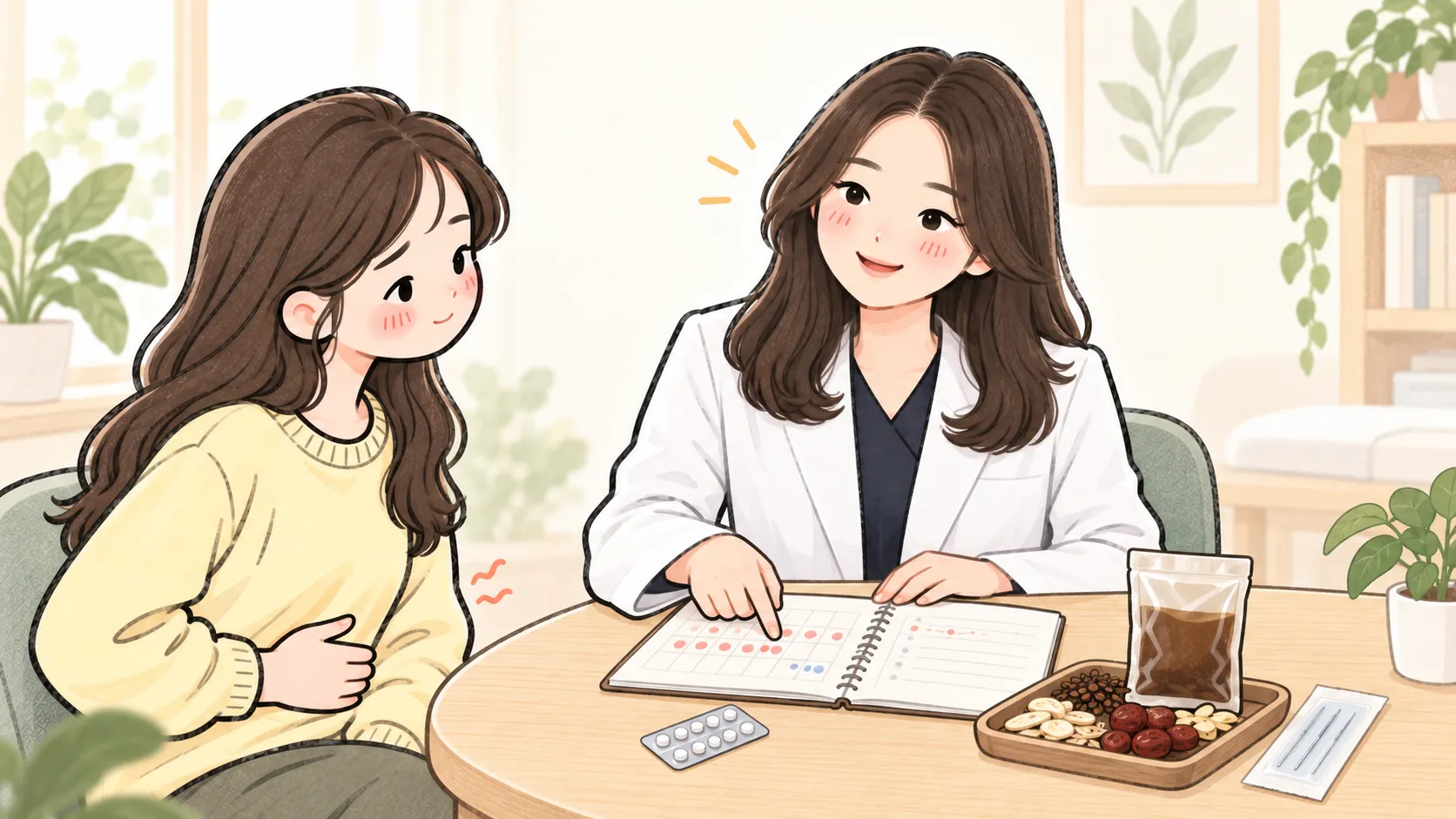 생리통으로 아랫배를 감싼 여성 환자와 한의사가 월경·통증 기록장을 함께 보며 상담하는 일러스트 — 책상에는 진통제와 한약 팩, 약재, 침이 놓여 있다
