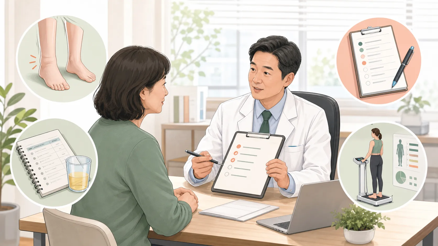 부종 상담 준비 일러스트 — 의료진과 내원자가 발목 붓기, 증상 기록, 복용약, 체성분검사 항목을 함께 확인하는 장면