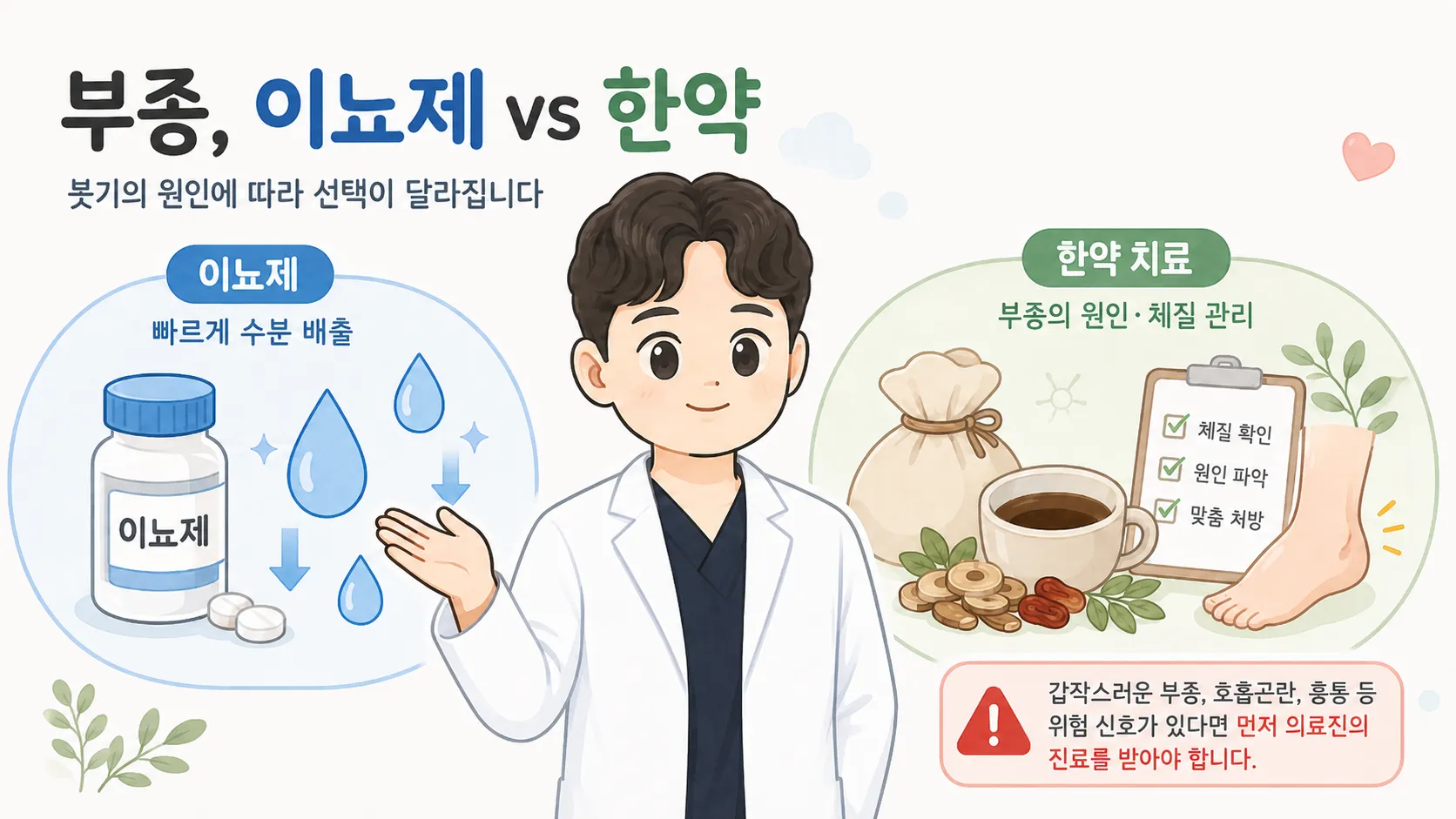 부종의 이뇨제와 한약 치료를 비교한 일러스트 — 가운데 흰 가운을 입은 한의사, 왼쪽에는 이뇨제 약병과 빠른 수분 배출을 나타낸 물방울, 오른쪽에는 한약재·체질 관리 체크리스트, 하단에는 갑작스러운 부종·호흡곤란 등 위험 신호 시 진료를 권하는 경고 표시