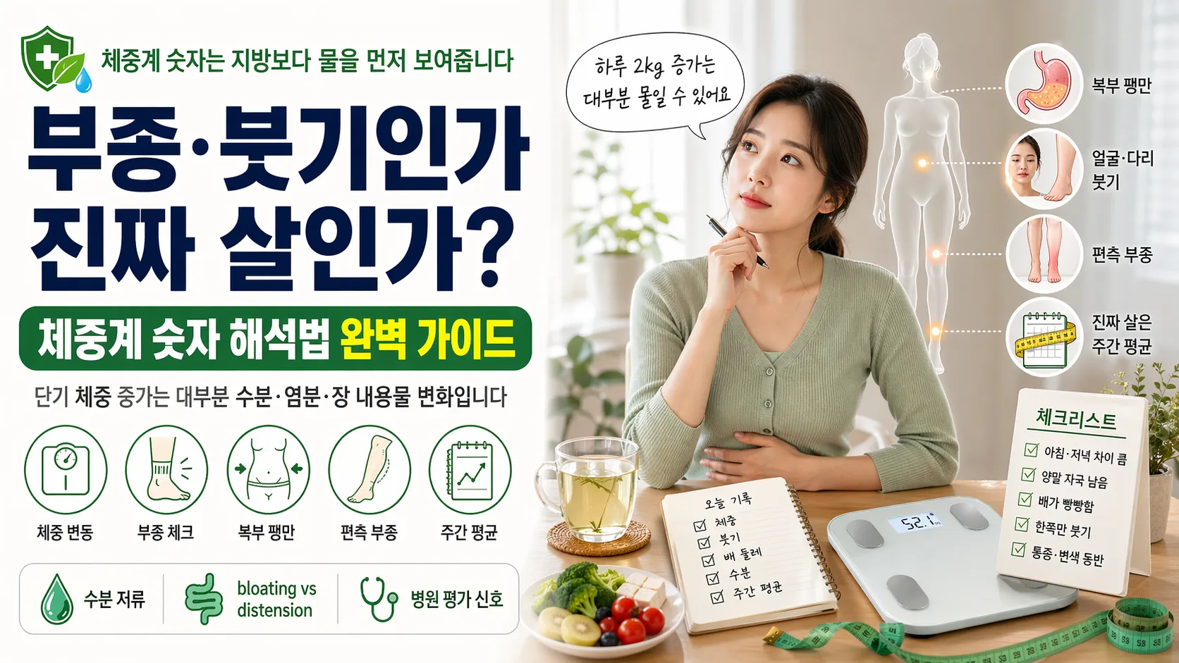 부종·붓기와 진짜 살 구분법, 체중계 숫자 해석과 수분 저류·편측 부종 체크리스트 가이드 일러스트
