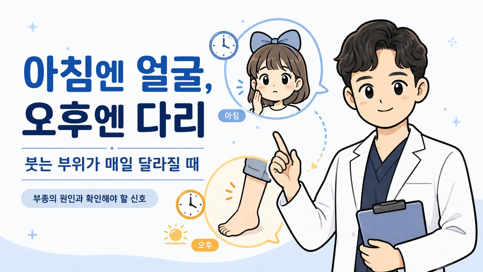 아침엔 얼굴, 오후엔 다리로 옮겨 다니는 붓기 안내 일러스트 — 아침 얼굴 붓기와 오후 다리 붓기의 원인, 확인해야 할 신호를 설명하는 한의사