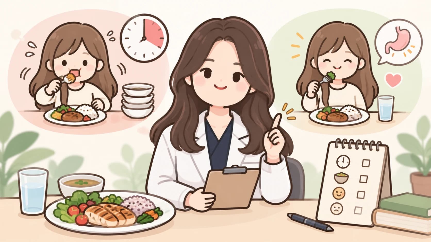 급하게 먹는 모습과 천천히 먹는 모습을 비교해 설명하는 가운 입은 의료진 일러스트와, 식사 시간·식사량·허기·포만을 기록하는 체크리스트