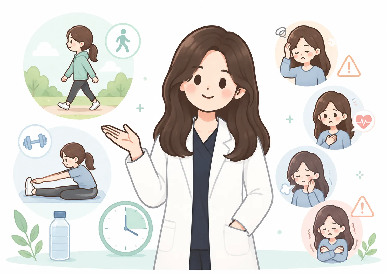 절식일 공복 운동 안내 일러스트 — 한의사가 걷기·스트레칭 권장 운동과 어지러움·두근거림·손 떨림·오한 등 즉시 멈춰야 할 중단 신호를 함께 보여주는 그림