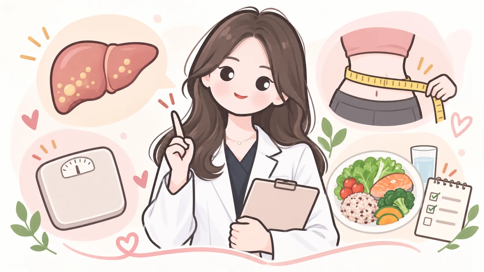 흰 가운을 입은 한의사가 손가락을 들어 설명하는 일러스트. 왼쪽에 지방이 낀 간과 체중계, 오른쪽에 허리둘레를 재는 줄자, 채소·생선·잡곡이 담긴 식판, 체크리스트 메모가 놓여 있다