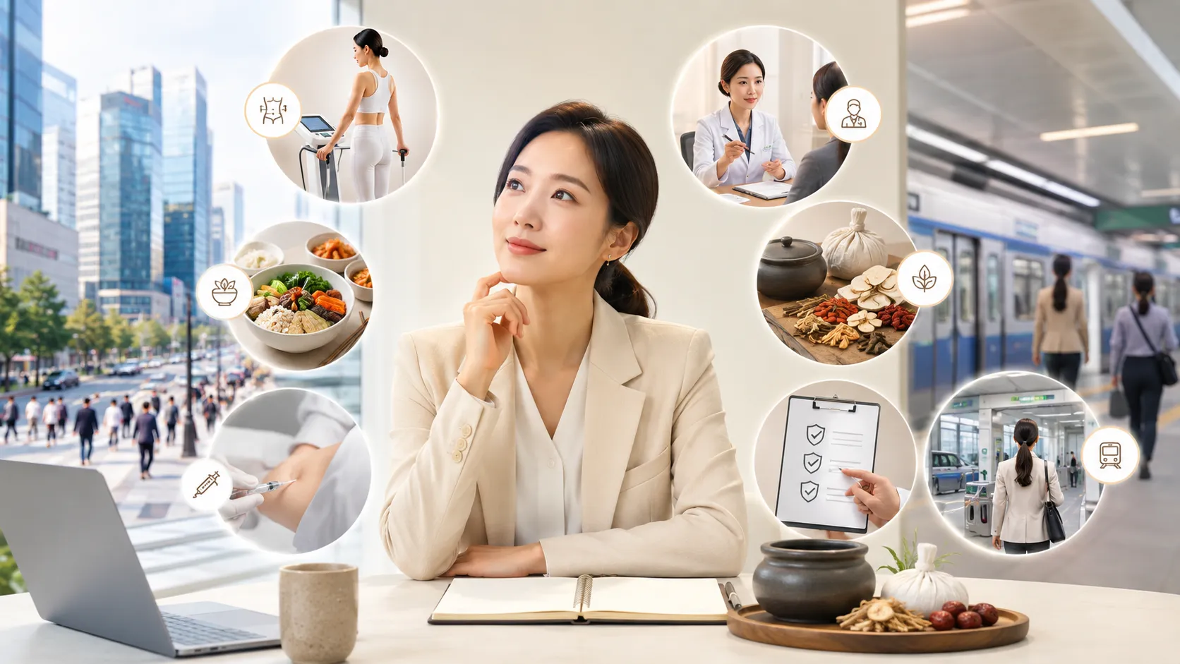 강남역 도심 빌딩과 지하철역을 배경으로 다이어트 한의원 선택을 고민하는 직장인, 그리고 한약재·약탕기·체성분 검사·의료진 상담을 상징하는 일러스트