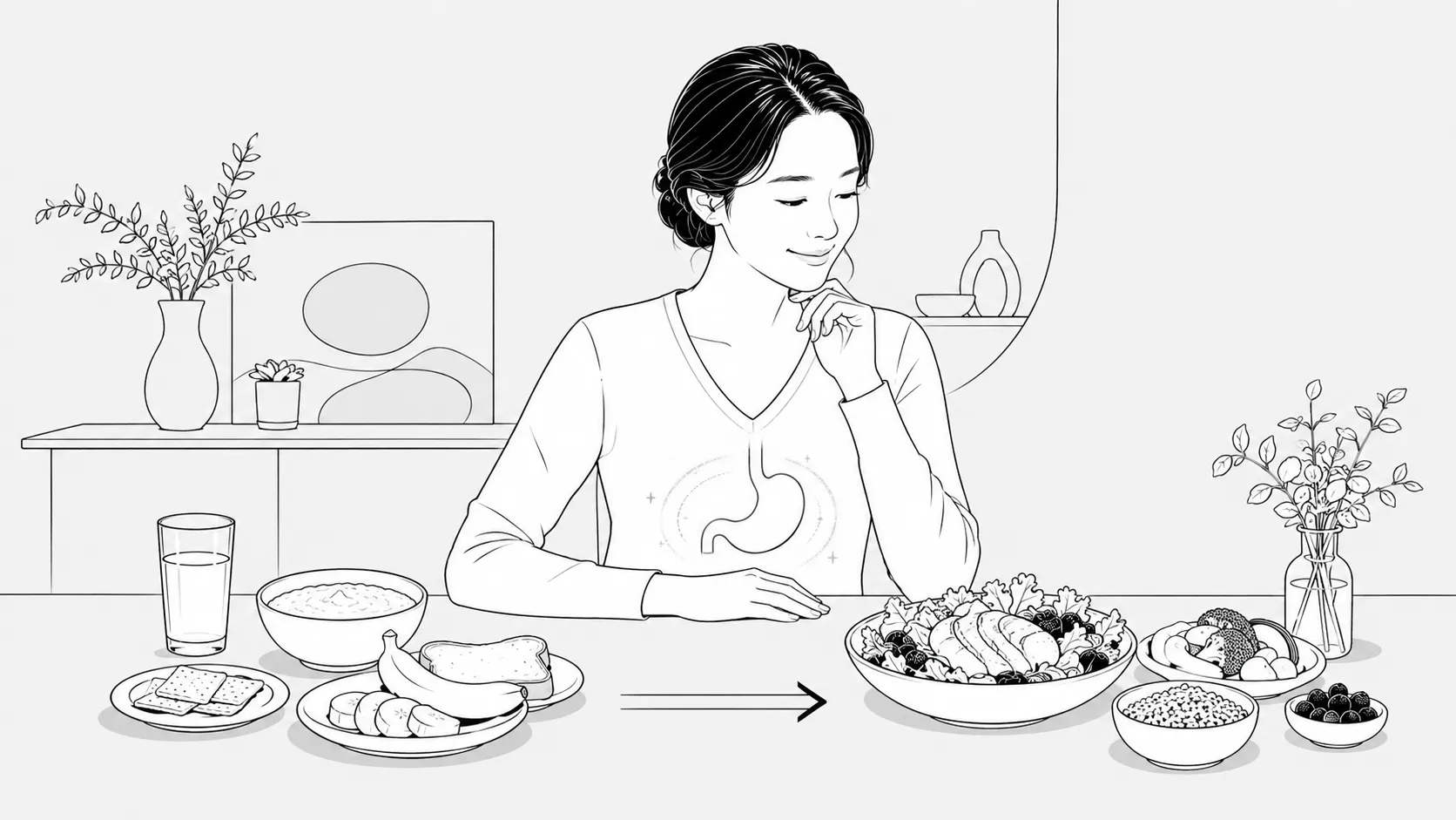 식탁 앞에서 죽·바나나·물 같은 회복식과 샐러드·단백질·곡물의 일반식을 화살표로 비교하며 바라보는 여성 라인아트 — 장염 후 단계적 식사 복귀