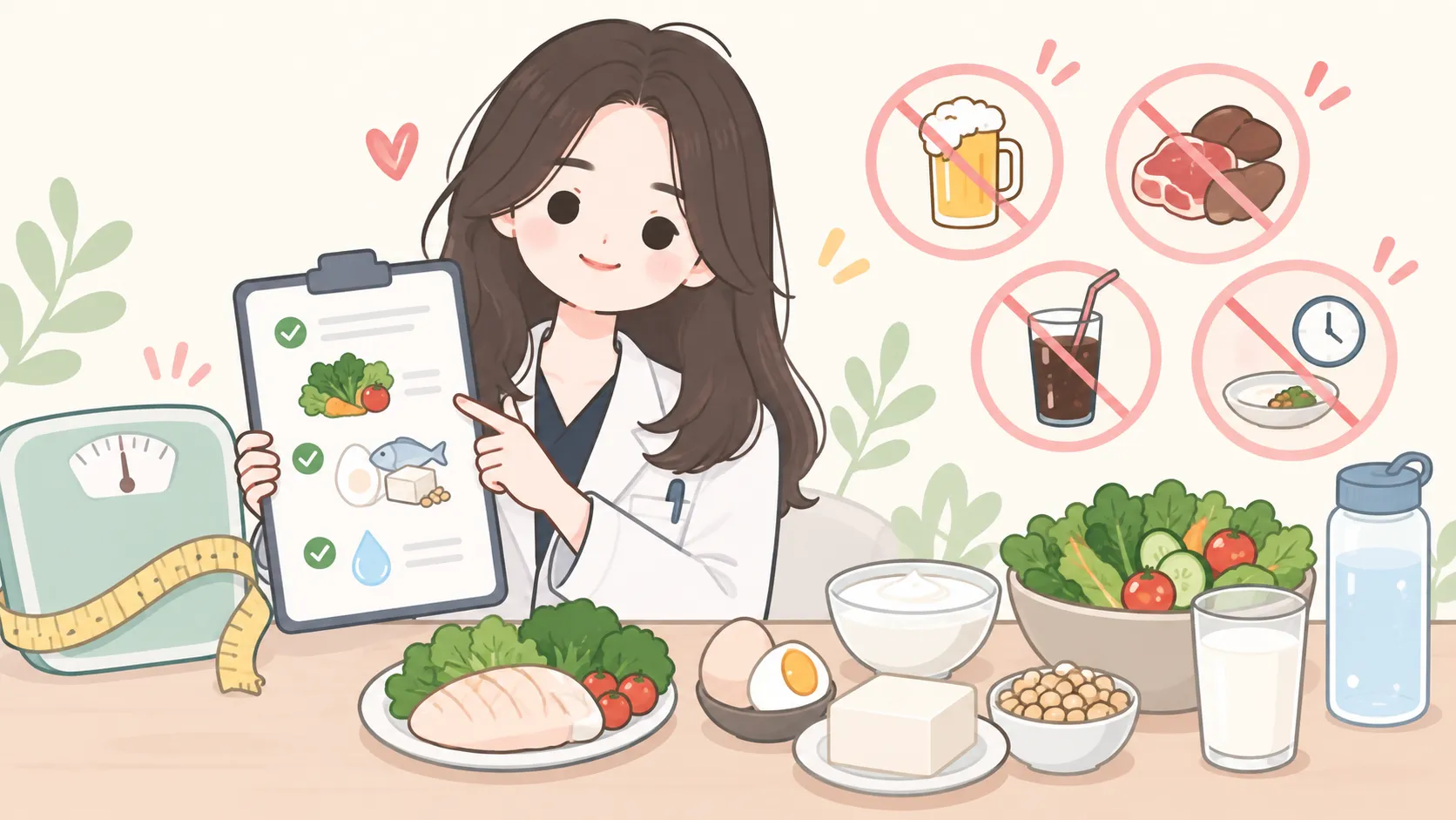 흰 가운을 입은 한의사가 체크리스트를 들고 식단 항목을 가리키는 일러스트. 오른쪽 위에는 맥주·붉은 고기·단 음료·굶는 식사에 금지 표시가 붙어 있고, 아래에는 생선·달걀·두부·콩·요거트·우유·채소 샐러드와 물병이 놓여 있다