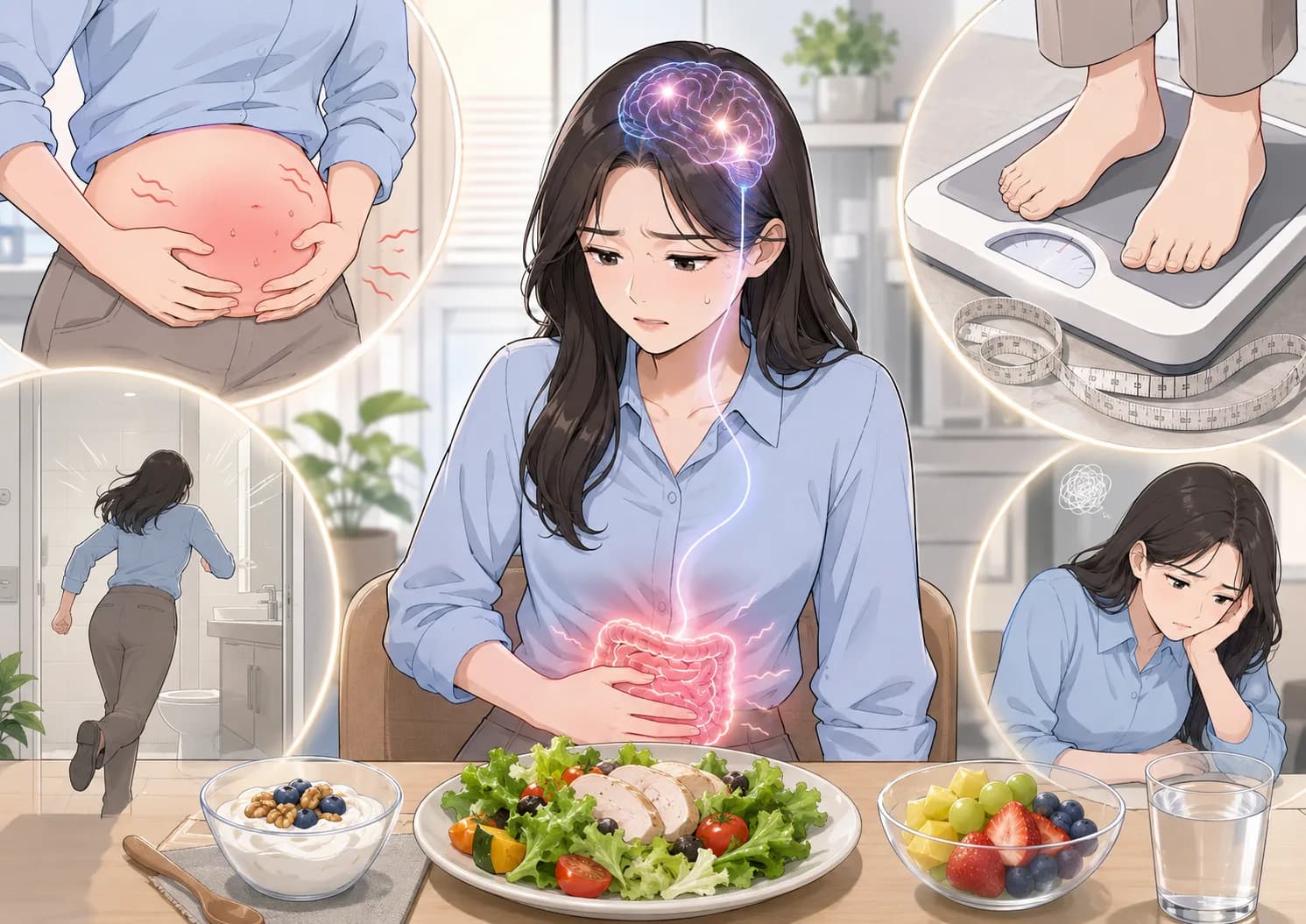 닭가슴살 샐러드 식판 앞에서 복통·팽만·설사로 힘들어하는 여성과 장-뇌축을 표현한 일러스트 — 과민성대장증후군과 다이어트의 어려움