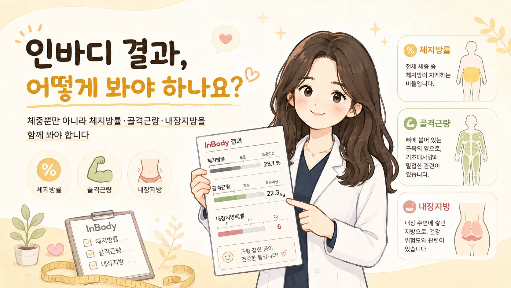 인바디 결과 해석을 안내하는 일러스트 — 흰 가운을 입은 한의사가 체지방률·골격근량·내장지방레벨이 표시된 인바디 결과지를 들고 있고, 오른쪽에 세 항목의 의미를 설명하는 카드가 배치된 그림