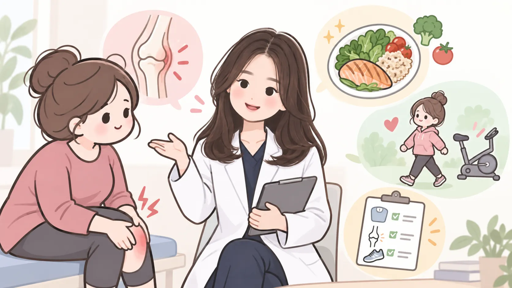 흰 가운을 입은 한의사가 무릎을 감싸 쥔 환자에게 식사·운동·기록 계획을 설명하는 일러스트. 환자의 무릎 통증 부위가 붉게 표시돼 있고, 오른쪽에는 균형 잡힌 식사와 걷기·고정식 자전거 운동, 체중·통증 기록 체크리스트가 함께 놓여 있다