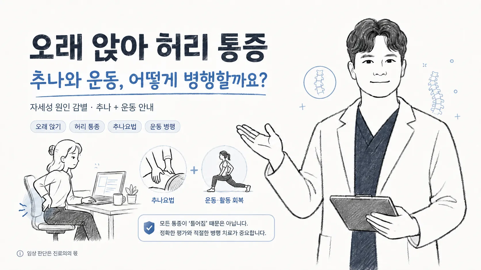 책상 앞에서 허리를 짚은 직장인 여성과 추나요법·운동 병행 치료를 안내하는 한의사 일러스트 — 오래 앉아 생긴 허리 통증의 원인 감별과 치료 순서