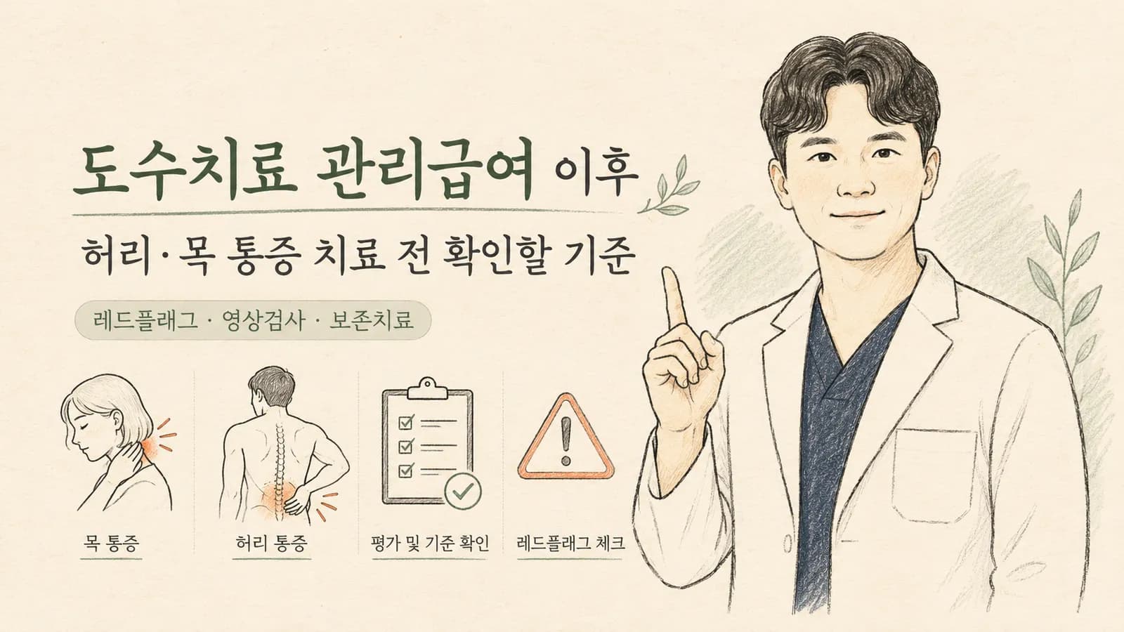 흰 가운을 입은 남성 한의사 손그림 일러스트와 '도수치료 관리급여 이후 허리·목 통증 치료 전 확인할 기준' 제목