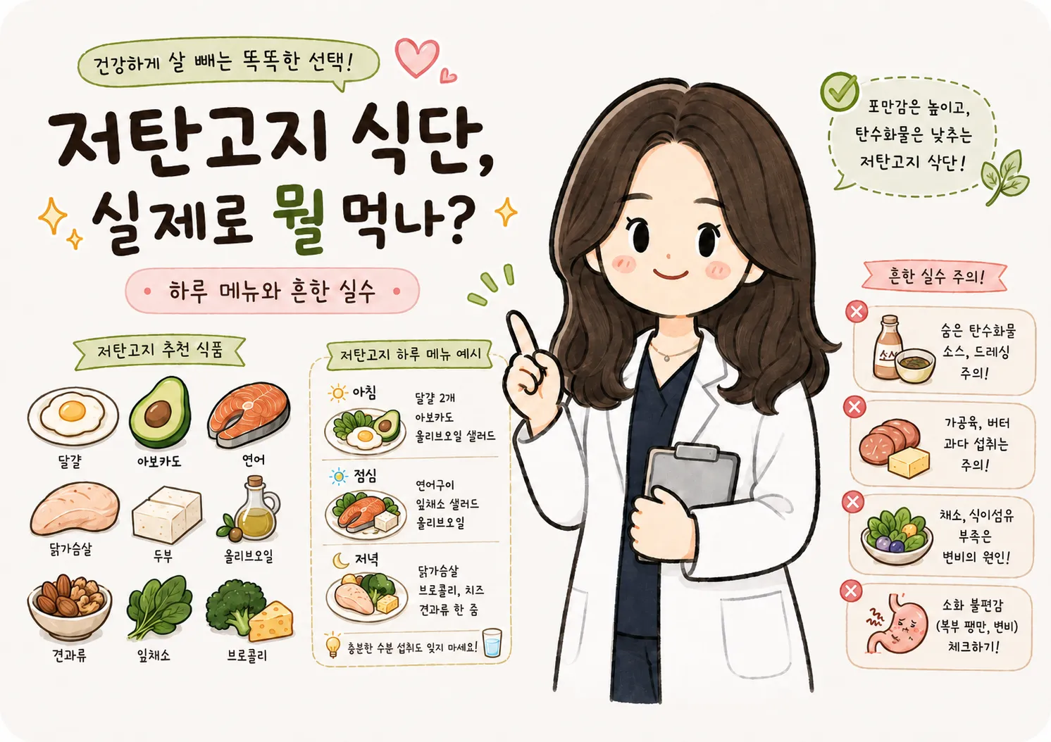 저탄고지 하루 메뉴 예시와 흔한 실수를 정리한 안내 그림 — 달걀·아보카도·연어·잎채소 등 추천 식품과 아침·점심·저녁 구성, 숨은 탄수화물과 채소 부족 주의 항목