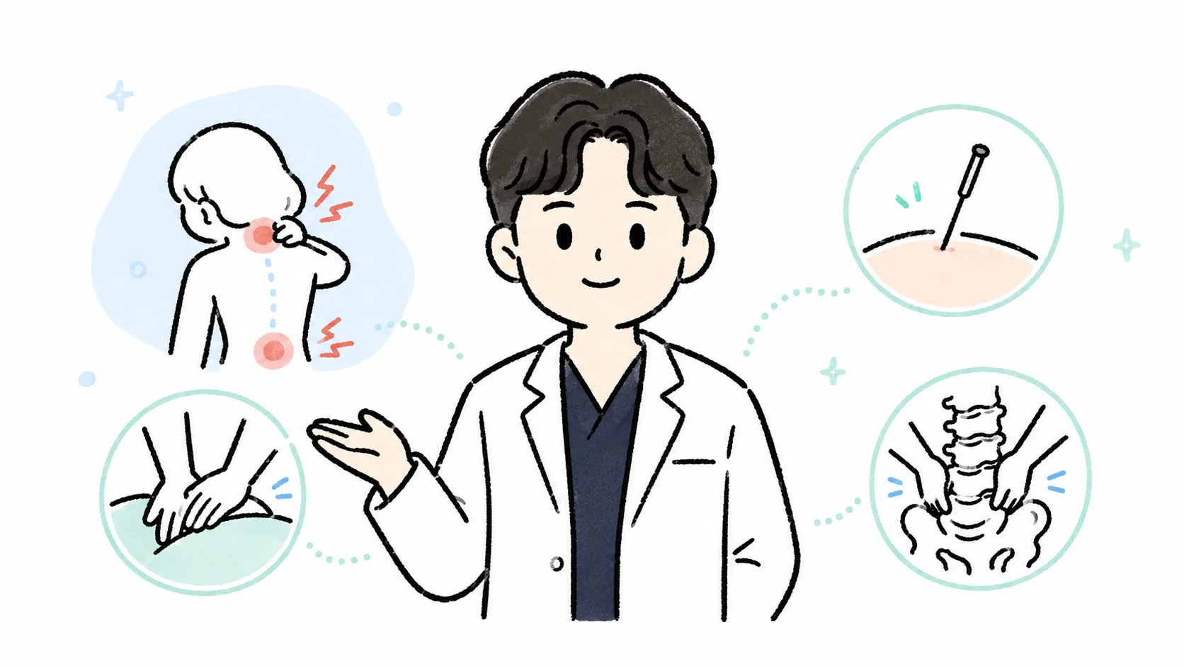 흰 가운을 입은 한의사 일러스트를 중심으로 목·허리 통증 부위(빨간 표시), 침 치료, 손을 이용한 추나·수기치료, 척추·골반 교정 장면이 점선으로 연결된 그림 — 통증 유형에 따라 침·추나 접근을 나누는 진료
