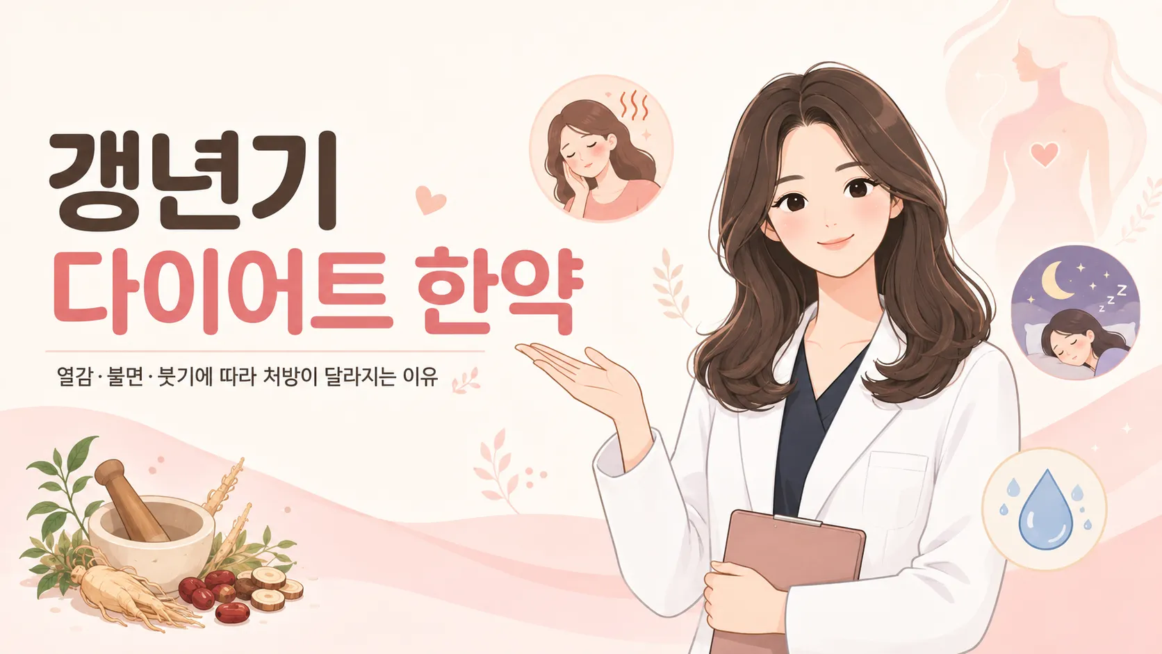 갱년기 여성의 열감·불면·붓기 세 증상을 아이콘으로 표시한 진료 안내 일러스트와 한약재