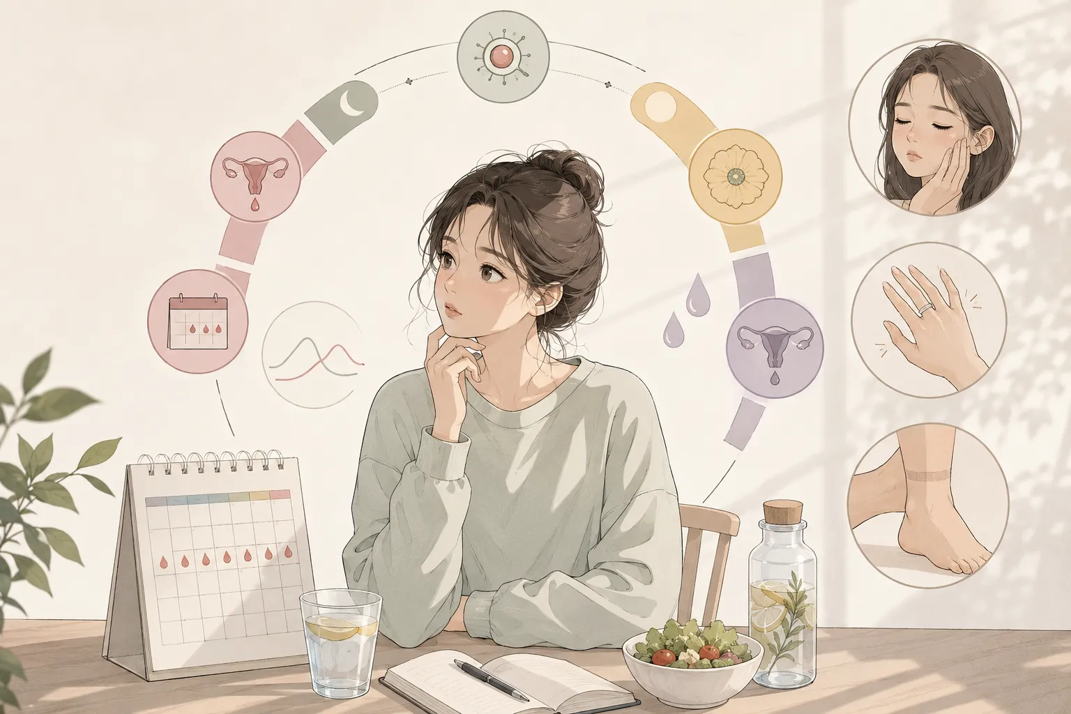 생리 주기별 붓기 패턴 안내 일러스트 — 달력·물잔·과일과 함께 황체기·생리기·배란기 호르몬 변화와 얼굴·손·발 부종 부위를 단계별로 표시